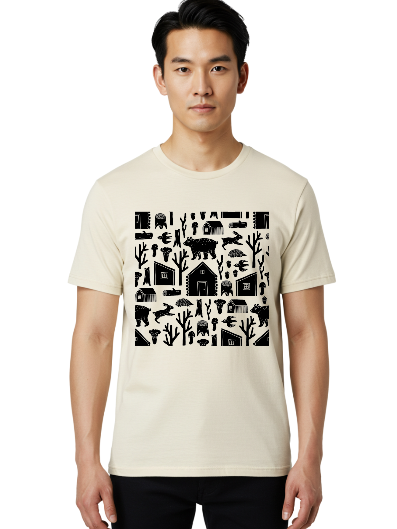 Forest-Pattern Men'S Graphic Tee, 100% Cotton, Comfortable Casual Summer Wear, Machine Washable, Woodland Animals, Forest Scenery, Trees, Houses, Mushrooms, Rabbit, Bear, Log Cabin, Wildlife, Nature-Inspired Design, Cozy Atmosphere, -  Aaa594