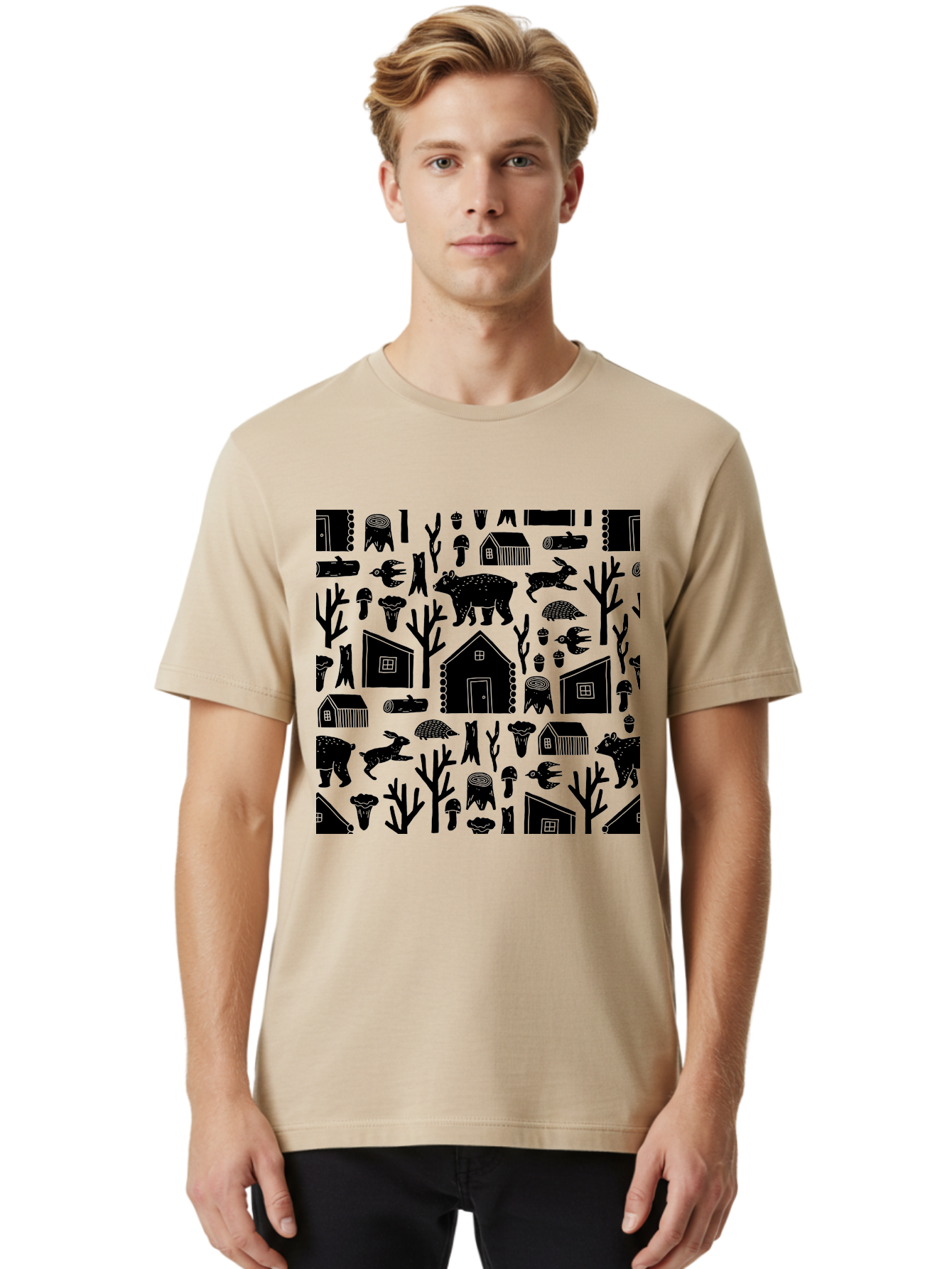 Forest-Pattern Men'S Graphic Tee, 100% Cotton, Comfortable Casual Summer Wear, Machine Washable, Woodland Animals, Forest Scenery, Trees, Houses, Mushrooms, Rabbit, Bear, Log Cabin, Wildlife, Nature-Inspired Design, Cozy Atmosphere, -  Aaa594