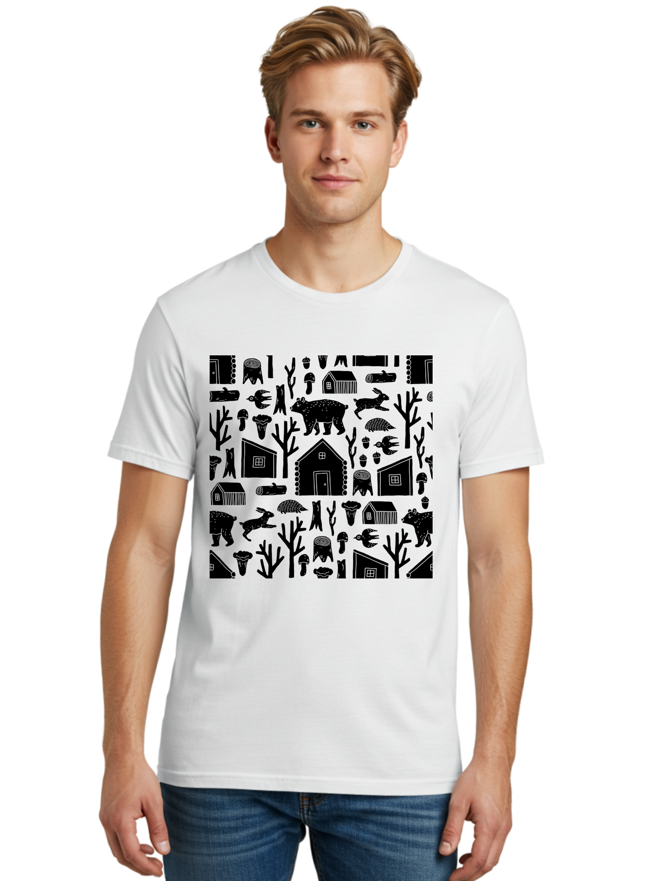 Forest-Pattern Men'S Graphic Tee, 100% Cotton, Comfortable Casual Summer Wear, Machine Washable, Woodland Animals, Forest Scenery, Trees, Houses, Mushrooms, Rabbit, Bear, Log Cabin, Wildlife, Nature-Inspired Design, Cozy Atmosphere, -  Aaa594
