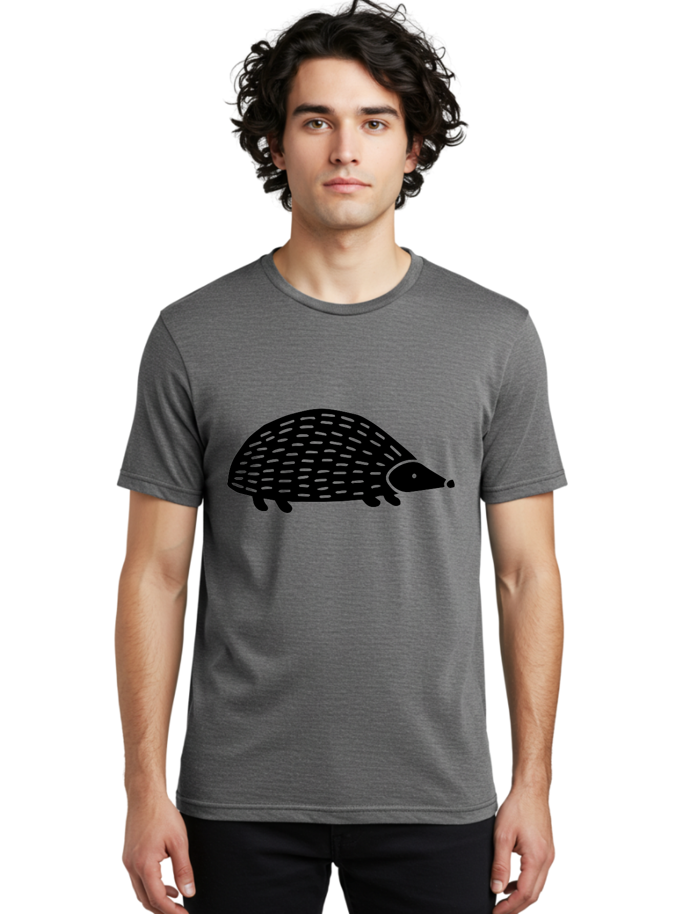 Hedgehog Men'S Graphic Tee, 100% Cotton, Comfortable Casual Summer Wear, Machine Washable, Hedgehog Silhouette, Simple Illustration, Minimalist Design, Cute Animal, Prickly Creature, Small Legs, Dotted Pattern, Bold Lines, Quirky Art -  Aaa597