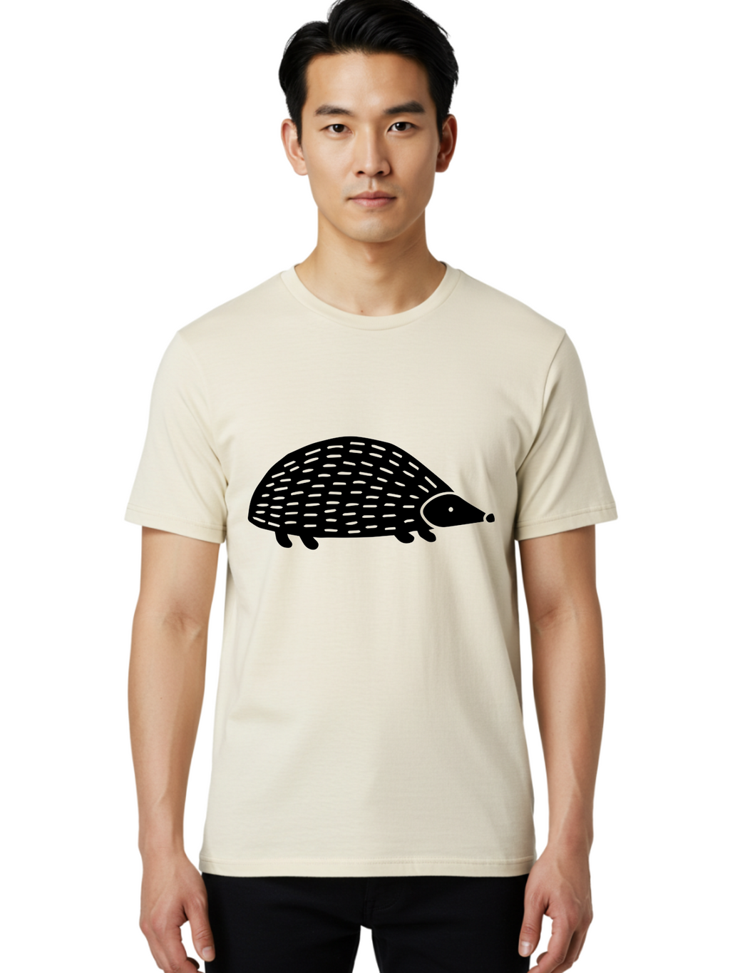 Hedgehog Men'S Graphic Tee, 100% Cotton, Comfortable Casual Summer Wear, Machine Washable, Hedgehog Silhouette, Simple Illustration, Minimalist Design, Cute Animal, Prickly Creature, Small Legs, Dotted Pattern, Bold Lines, Quirky Art -  Aaa597