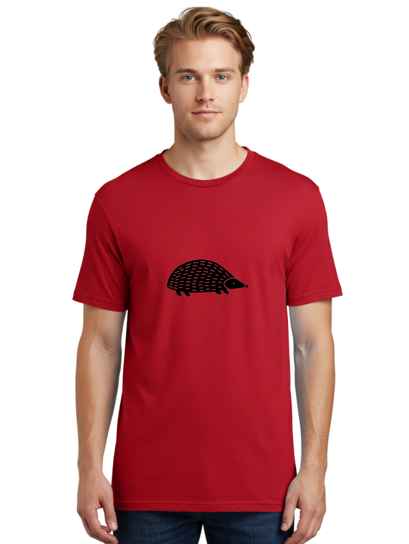 Hedgehog Men'S Graphic Tee, 100% Cotton, Comfortable Casual Summer Wear, Machine Washable, Hedgehog Silhouette, Simple Illustration, Minimalist Design, Cute Animal, Prickly Creature, Small Legs, Dotted Pattern, Bold Lines, Quirky Art -  Aaa597
