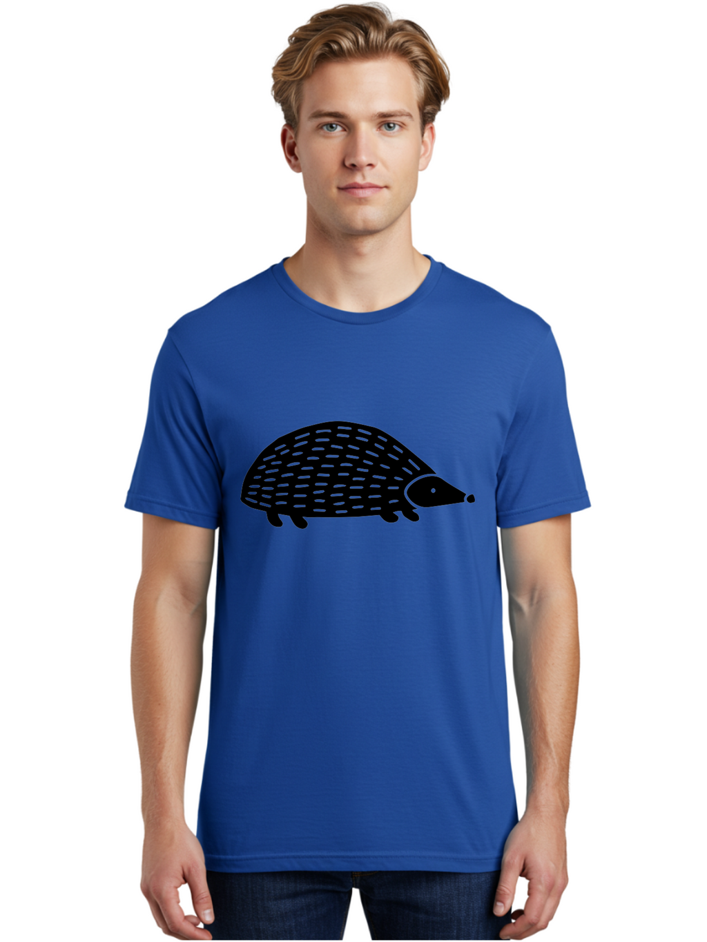 Hedgehog Men'S Graphic Tee, 100% Cotton, Comfortable Casual Summer Wear, Machine Washable, Hedgehog Silhouette, Simple Illustration, Minimalist Design, Cute Animal, Prickly Creature, Small Legs, Dotted Pattern, Bold Lines, Quirky Art -  Aaa597