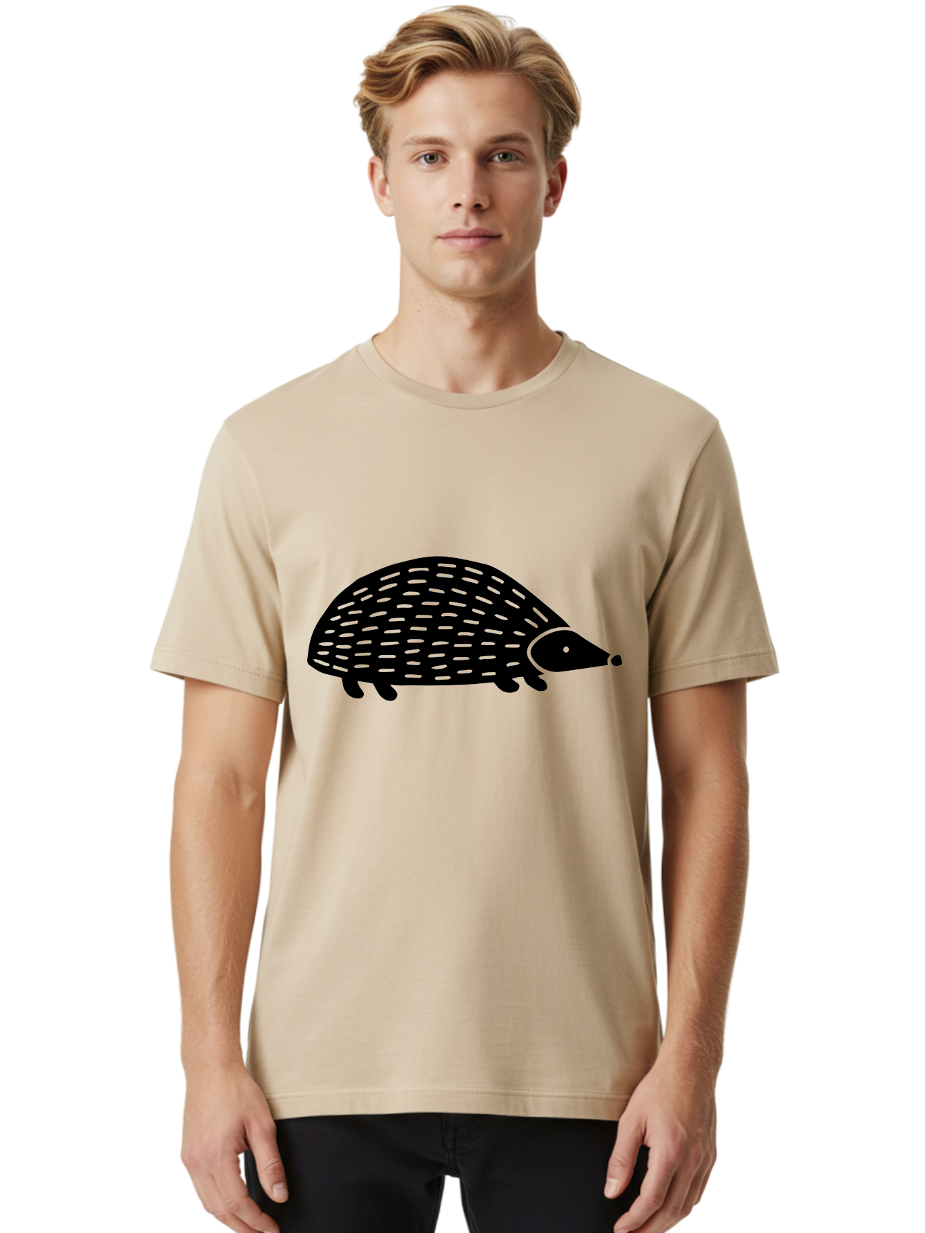 Hedgehog Men'S Graphic Tee, 100% Cotton, Comfortable Casual Summer Wear, Machine Washable, Hedgehog Silhouette, Simple Illustration, Minimalist Design, Cute Animal, Prickly Creature, Small Legs, Dotted Pattern, Bold Lines, Quirky Art -  Aaa597