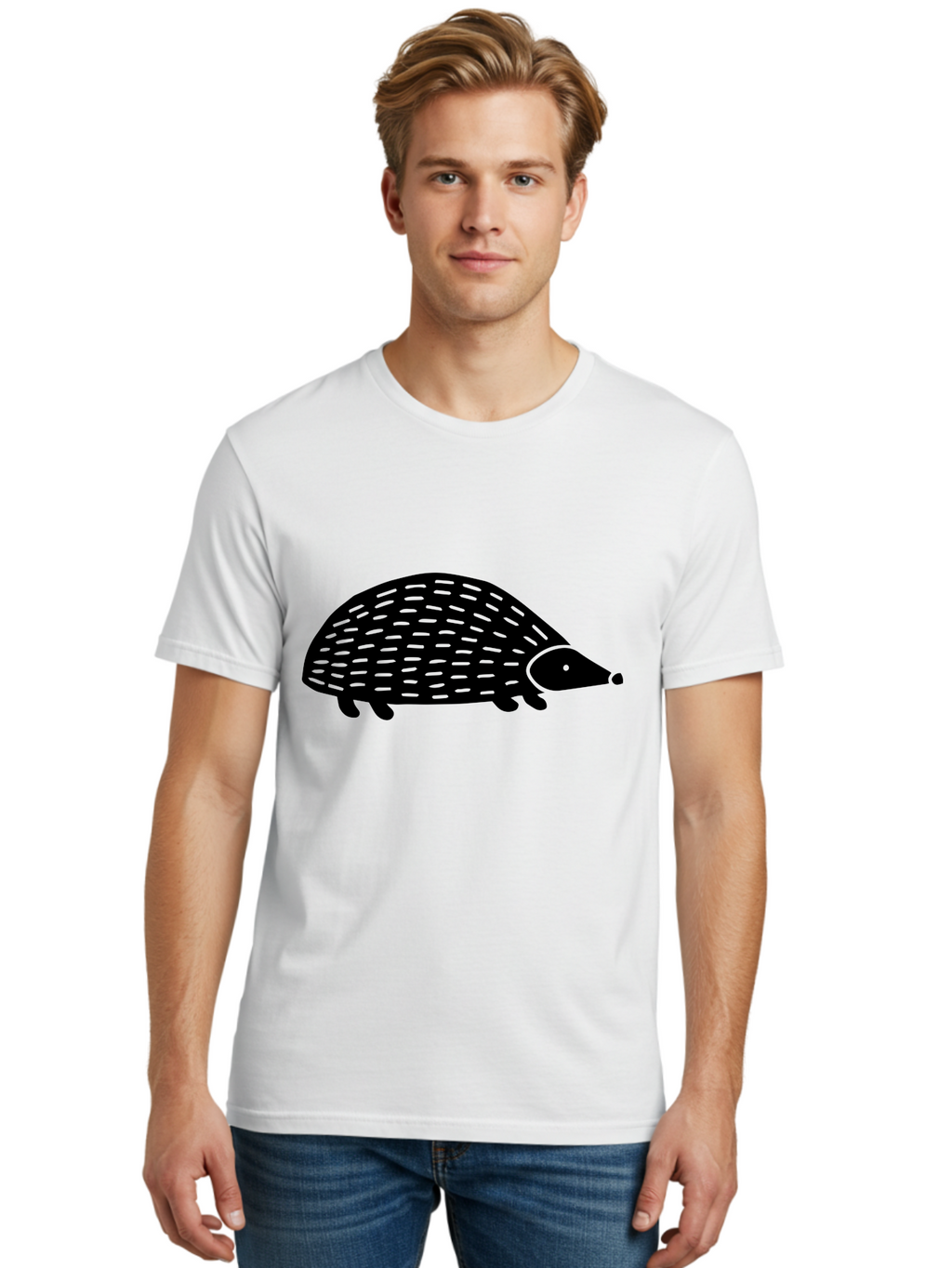 Hedgehog Men'S Graphic Tee, 100% Cotton, Comfortable Casual Summer Wear, Machine Washable, Hedgehog Silhouette, Simple Illustration, Minimalist Design, Cute Animal, Prickly Creature, Small Legs, Dotted Pattern, Bold Lines, Quirky Art -  Aaa597