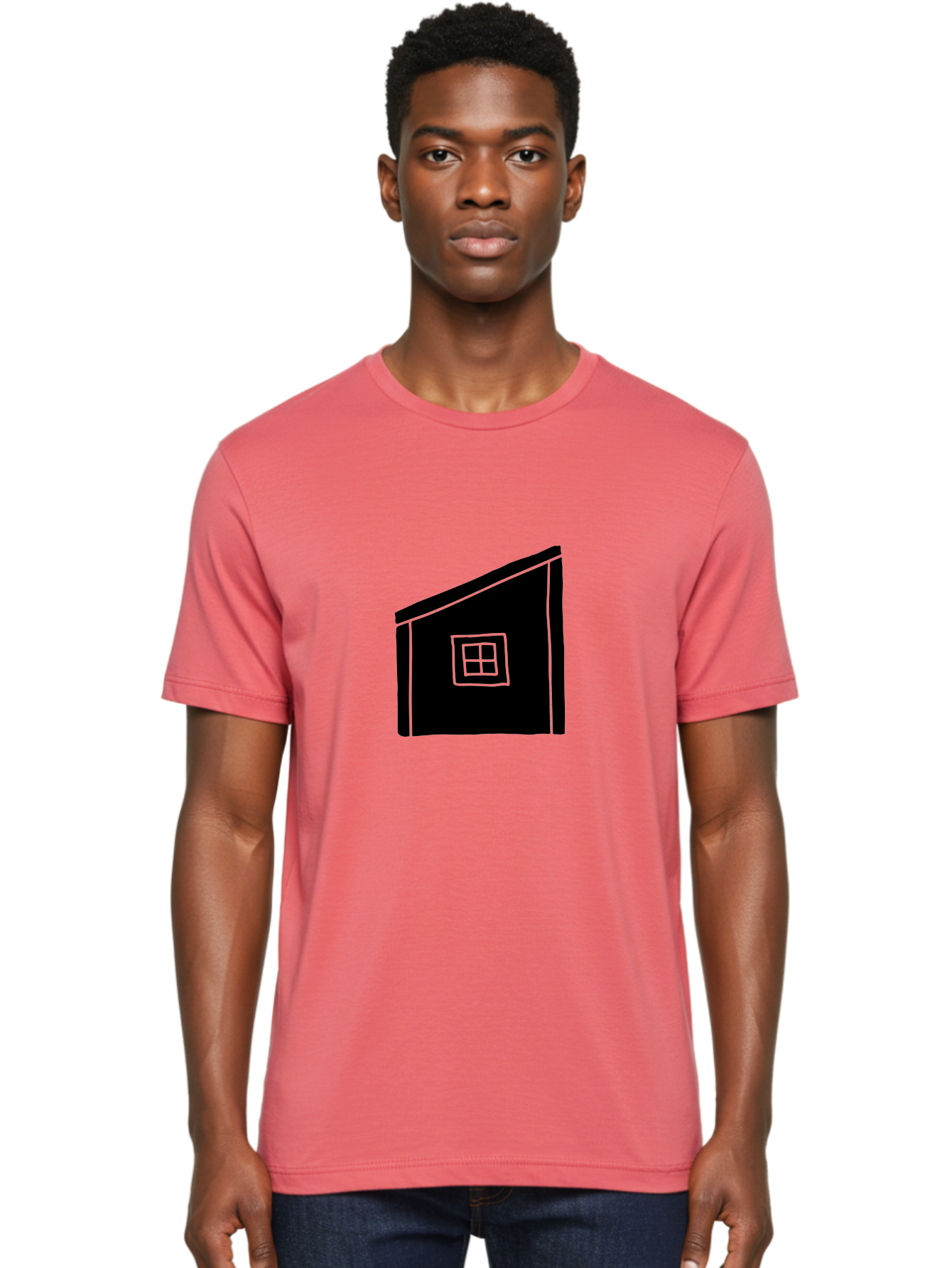 House Men'S Graphic Tee, 100% Cotton, Comfortable Casual Summer Wear, Machine Washable, Simple House Design, Minimalist Architecture, Black House Silhouette, Neon Green Outline, Four-Paned Window, Modern Home Decor, -  Aaa599