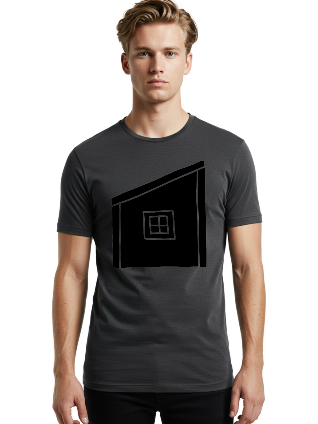 House Men'S Graphic Tee, 100% Cotton, Comfortable Casual Summer Wear, Machine Washable, Simple House Design, Minimalist Architecture, Black House Silhouette, Neon Green Outline, Four-Paned Window, Modern Home Decor, -  Aaa599