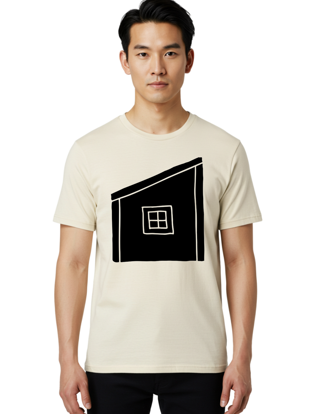 House Men'S Graphic Tee, 100% Cotton, Comfortable Casual Summer Wear, Machine Washable, Simple House Design, Minimalist Architecture, Black House Silhouette, Neon Green Outline, Four-Paned Window, Modern Home Decor, -  Aaa599