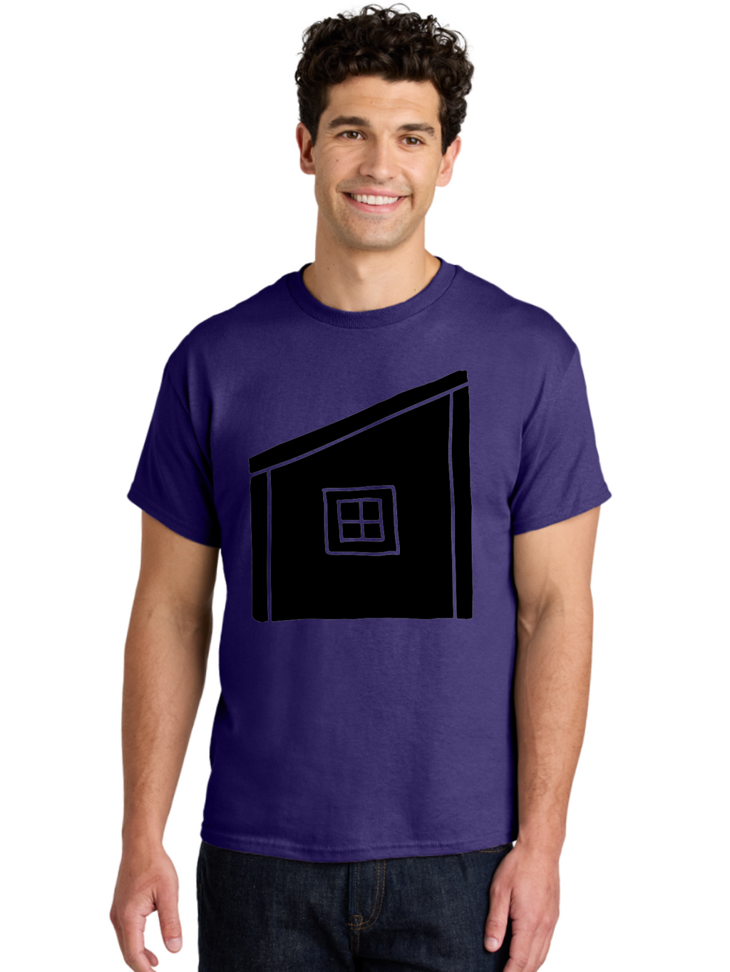 House Men'S Graphic Tee, 100% Cotton, Comfortable Casual Summer Wear, Machine Washable, Simple House Design, Minimalist Architecture, Black House Silhouette, Neon Green Outline, Four-Paned Window, Modern Home Decor, -  Aaa599
