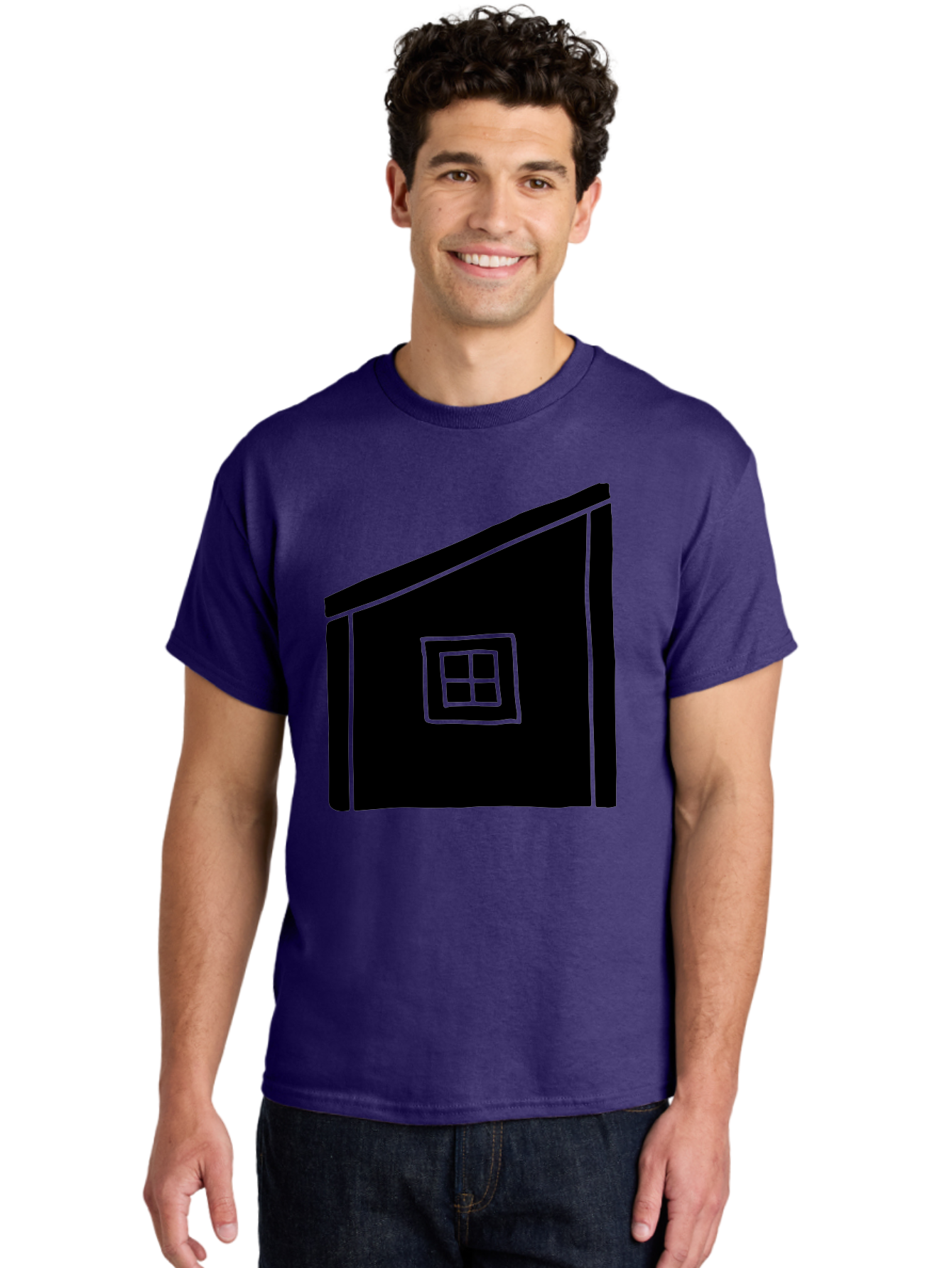 House Men'S Graphic Tee, 100% Cotton, Comfortable Casual Summer Wear, Machine Washable, Simple House Design, Minimalist Architecture, Black House Silhouette, Neon Green Outline, Four-Paned Window, Modern Home Decor, -  Aaa599