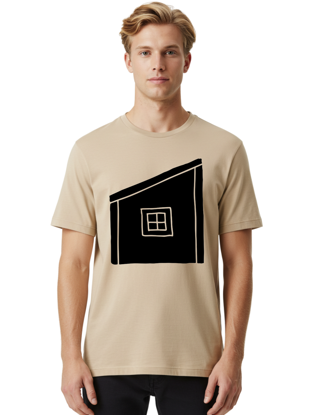 House Men'S Graphic Tee, 100% Cotton, Comfortable Casual Summer Wear, Machine Washable, Simple House Design, Minimalist Architecture, Black House Silhouette, Neon Green Outline, Four-Paned Window, Modern Home Decor, -  Aaa599