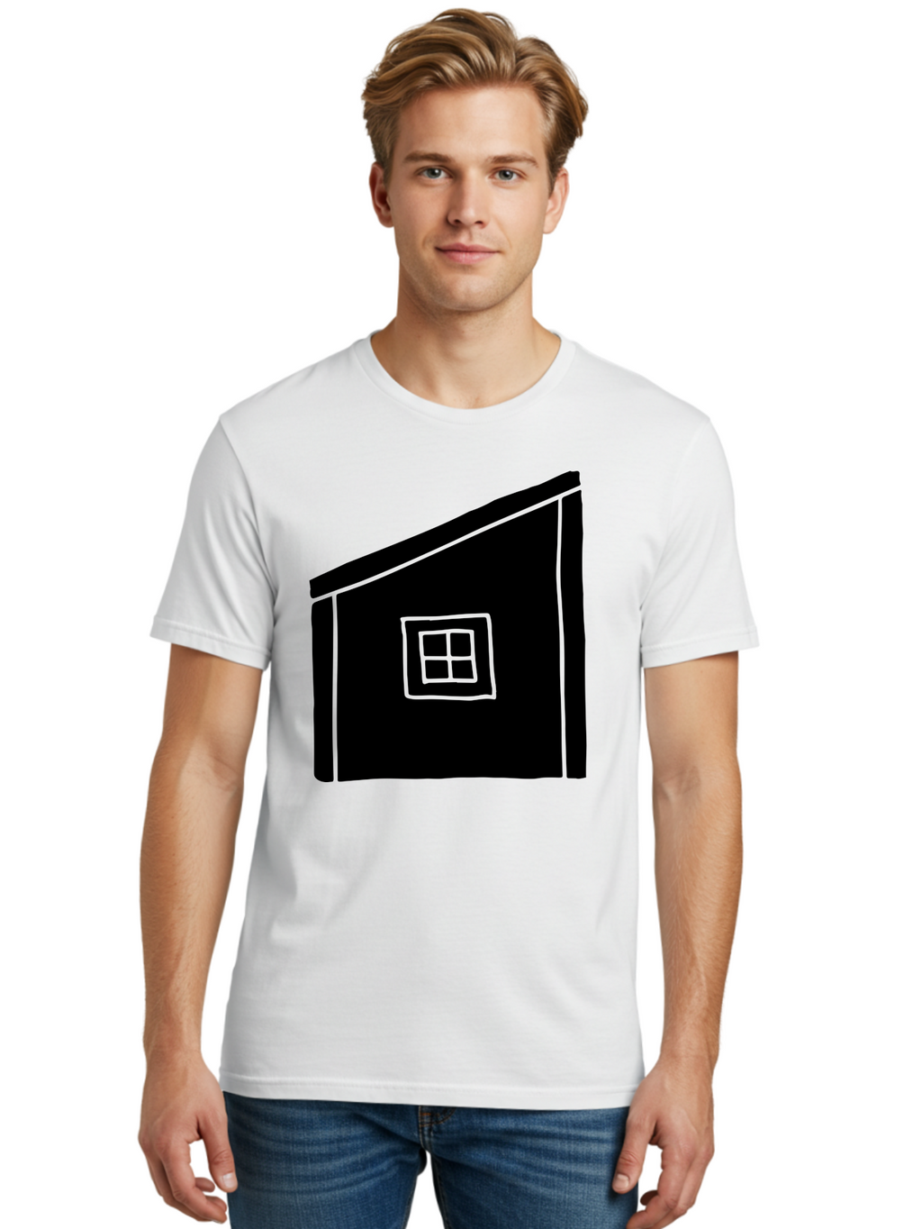House Men'S Graphic Tee, 100% Cotton, Comfortable Casual Summer Wear, Machine Washable, Simple House Design, Minimalist Architecture, Black House Silhouette, Neon Green Outline, Four-Paned Window, Modern Home Decor, -  Aaa599