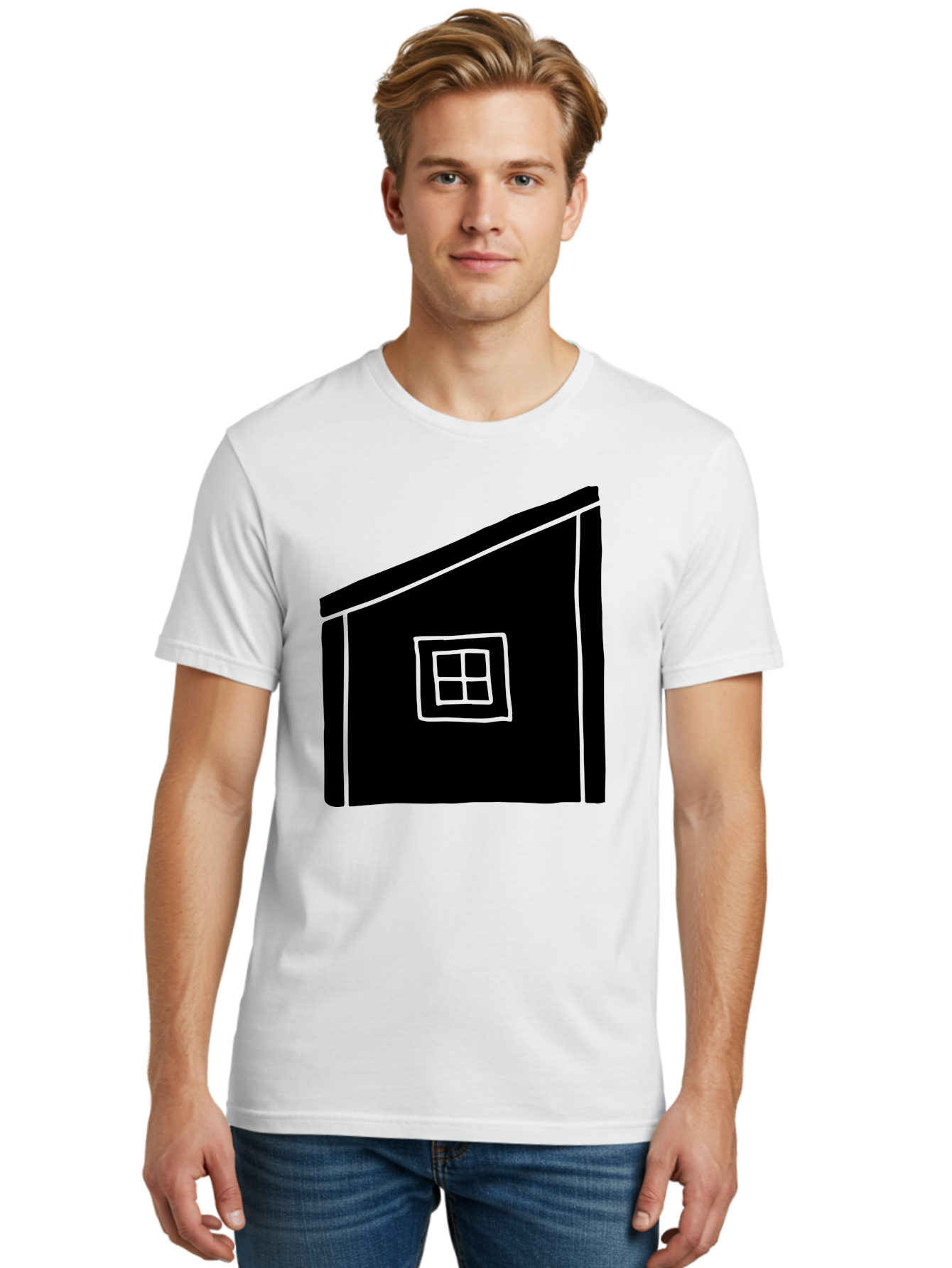 House Men'S Graphic Tee, 100% Cotton, Comfortable Casual Summer Wear, Machine Washable, Simple House Design, Minimalist Architecture, Black House Silhouette, Neon Green Outline, Four-Paned Window, Modern Home Decor, -  Aaa599