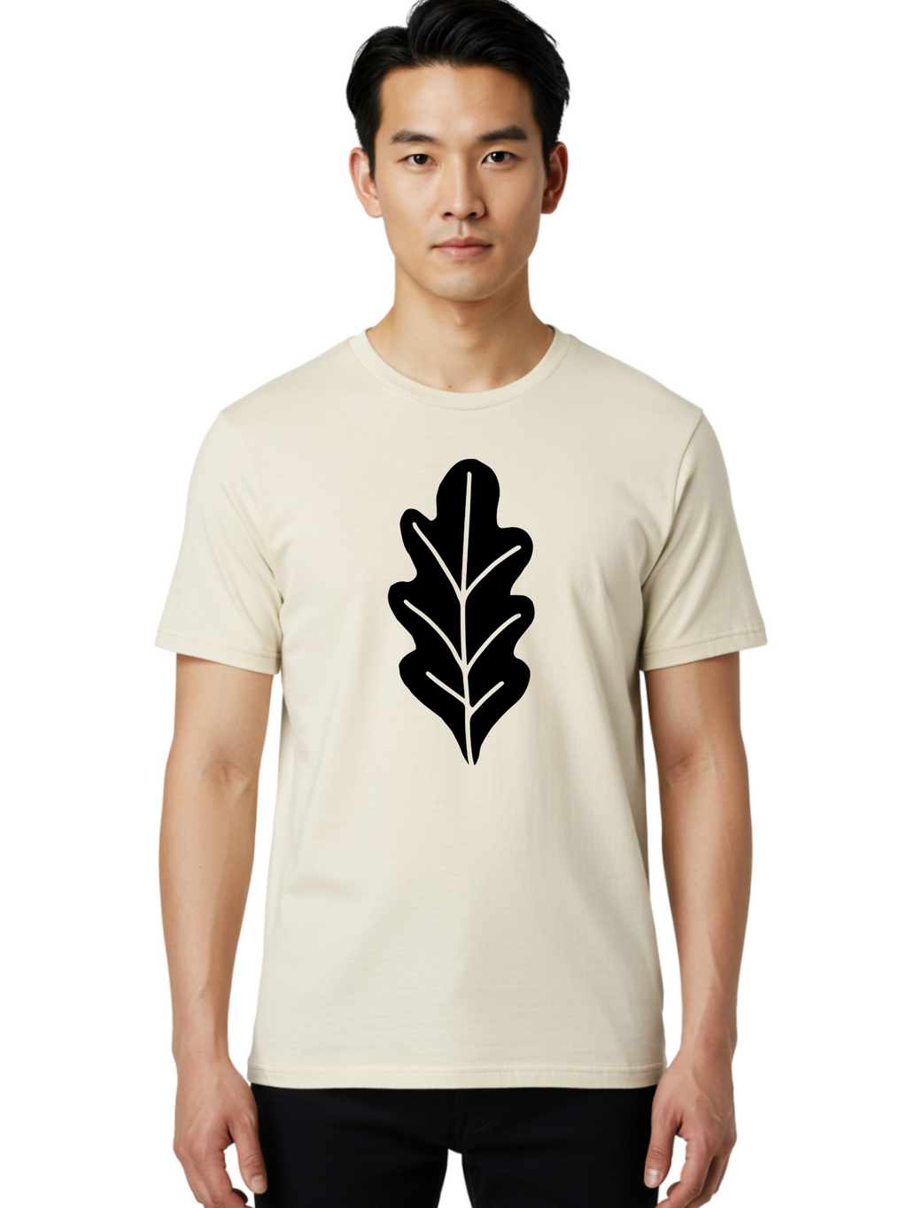 Leaf-Silhouette Men'S Graphic Tee, 100% Cotton, Comfortable Casual Summer Wear, Machine Washable, Leaf Silhouette, Foliage Icon, Simple Leaf Design, Nature-Inspired Graphic, Black Leaf Shape, Neon Green Veins, Minimalist Illustration, -  Aaa601