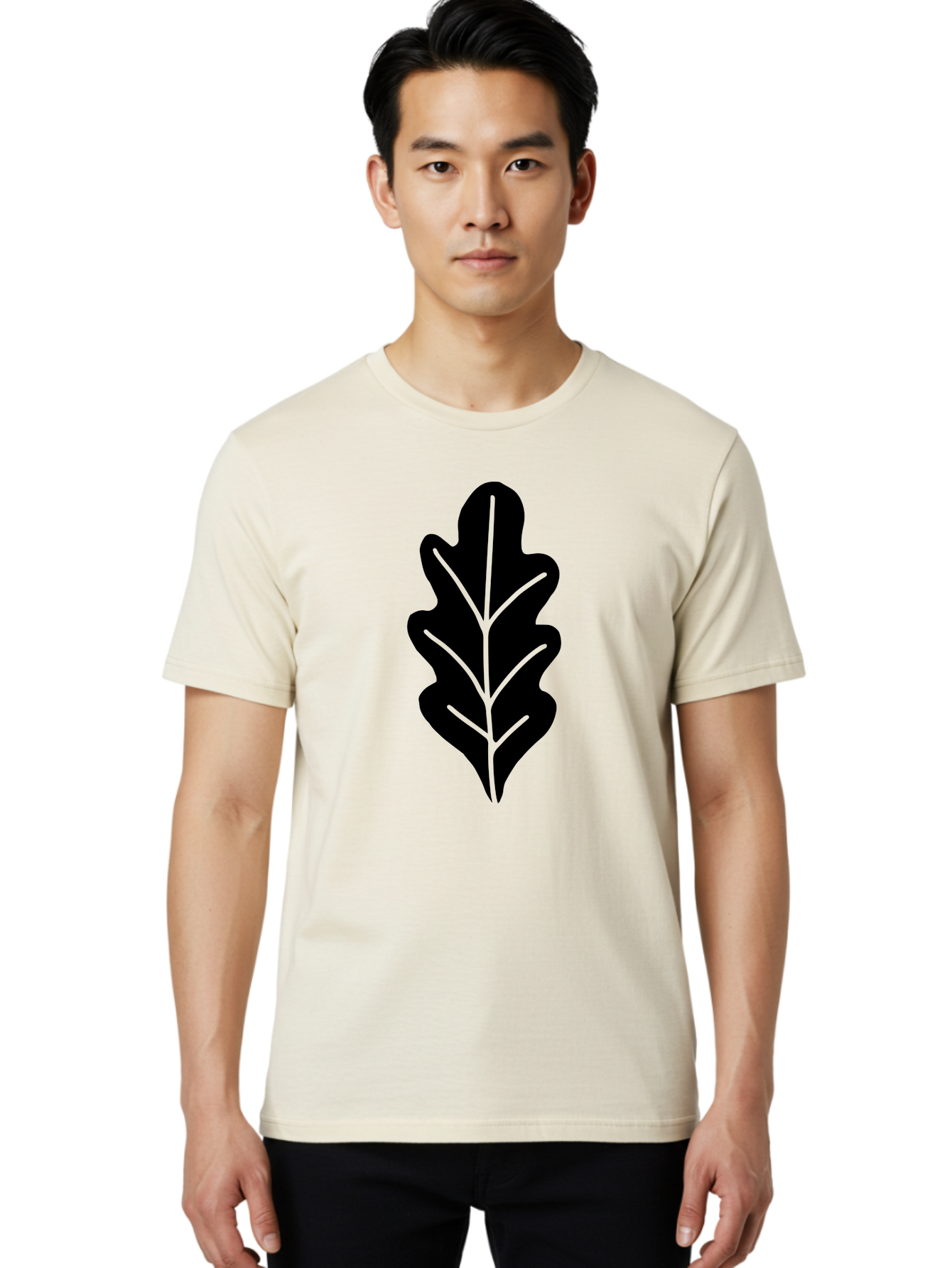 Leaf-Silhouette Men'S Graphic Tee, 100% Cotton, Comfortable Casual Summer Wear, Machine Washable, Leaf Silhouette, Foliage Icon, Simple Leaf Design, Nature-Inspired Graphic, Black Leaf Shape, Neon Green Veins, Minimalist Illustration, -  Aaa601
