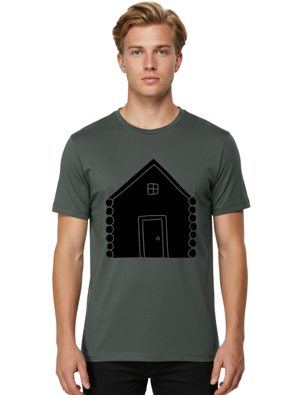 Log-Cabin Men'S Graphic Tee, 100% Cotton, Comfortable Casual Summer Wear, Machine Washable, Simple House Design, Minimalist Architecture, House Outline, Cozy Home, Door And Window, Simple Shapes, Modern Art -  Aaa602