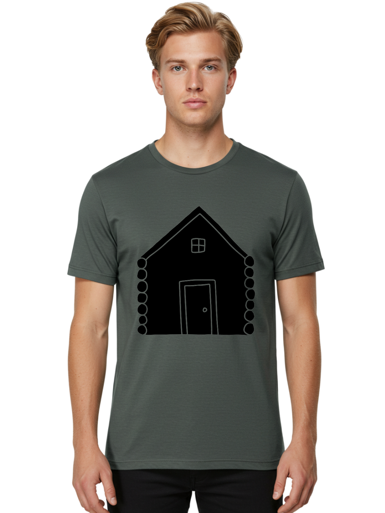 Log-Cabin Men'S Graphic Tee, 100% Cotton, Comfortable Casual Summer Wear, Machine Washable, Simple House Design, Minimalist Architecture, House Outline, Cozy Home, Door And Window, Simple Shapes, Modern Art -  Aaa602