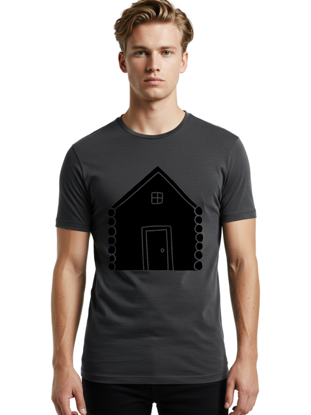 Log-Cabin Men'S Graphic Tee, 100% Cotton, Comfortable Casual Summer Wear, Machine Washable, Simple House Design, Minimalist Architecture, House Outline, Cozy Home, Door And Window, Simple Shapes, Modern Art -  Aaa602