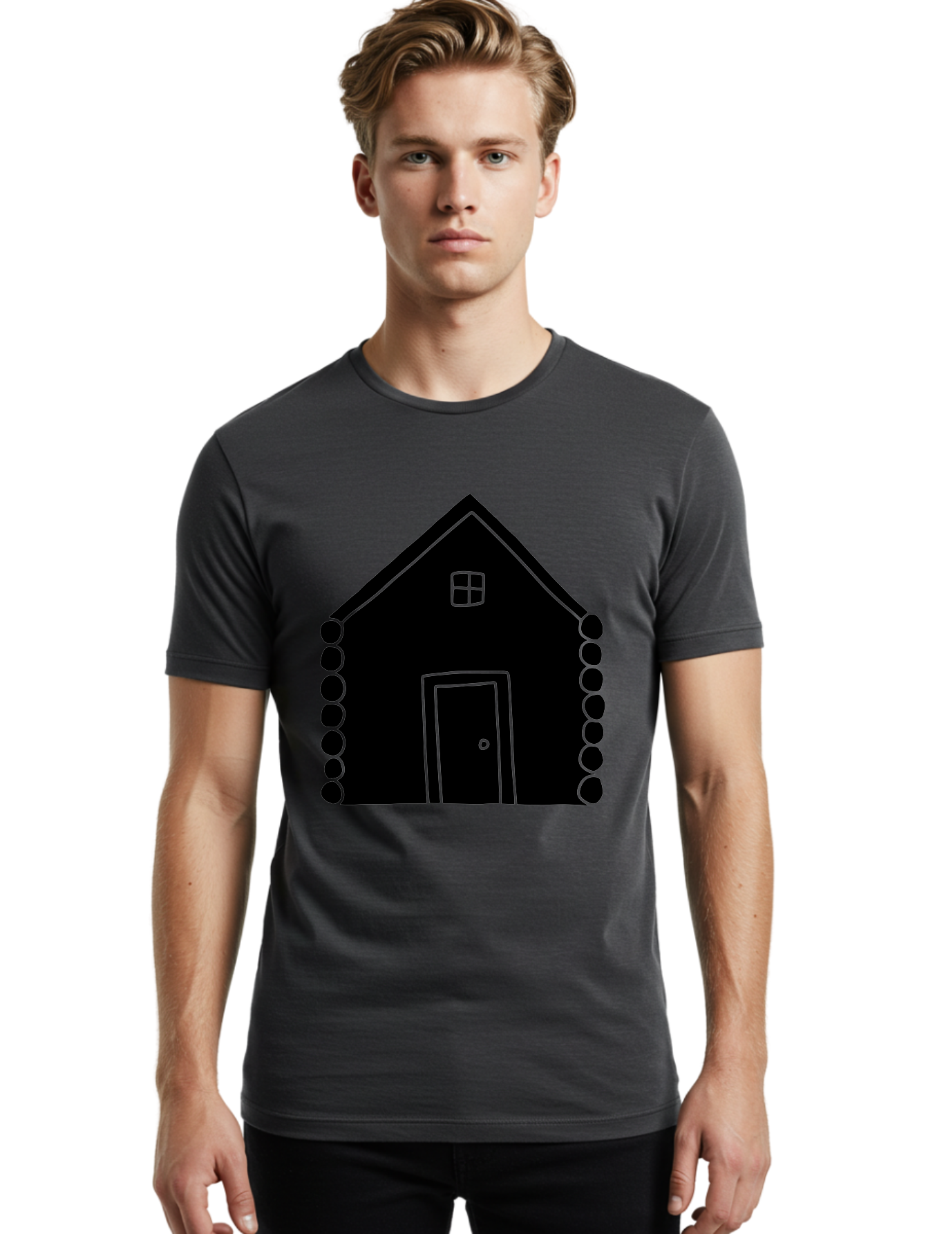 Log-Cabin Men'S Graphic Tee, 100% Cotton, Comfortable Casual Summer Wear, Machine Washable, Simple House Design, Minimalist Architecture, House Outline, Cozy Home, Door And Window, Simple Shapes, Modern Art -  Aaa602