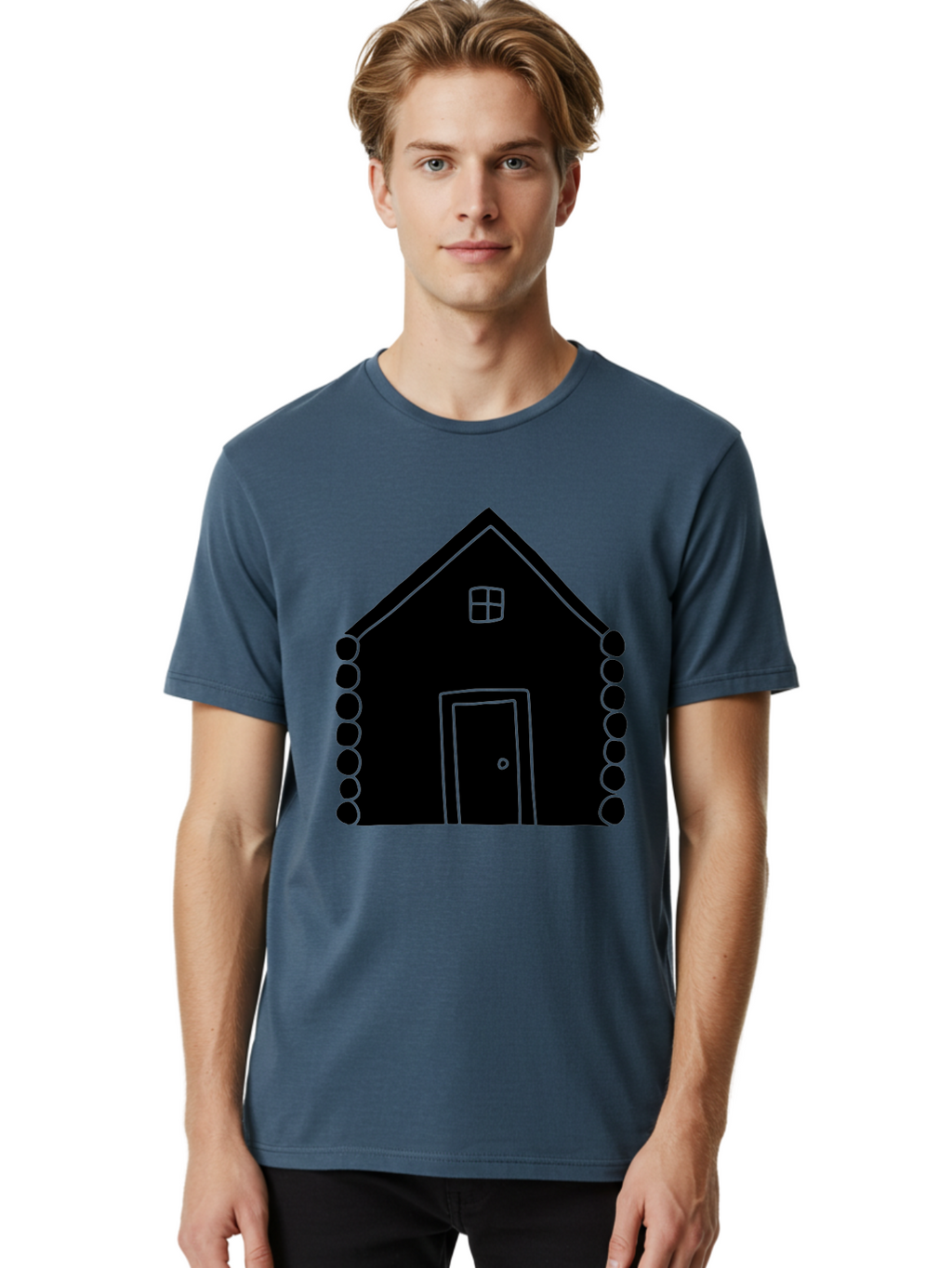 Log-Cabin Men'S Graphic Tee, 100% Cotton, Comfortable Casual Summer Wear, Machine Washable, Simple House Design, Minimalist Architecture, House Outline, Cozy Home, Door And Window, Simple Shapes, Modern Art -  Aaa602