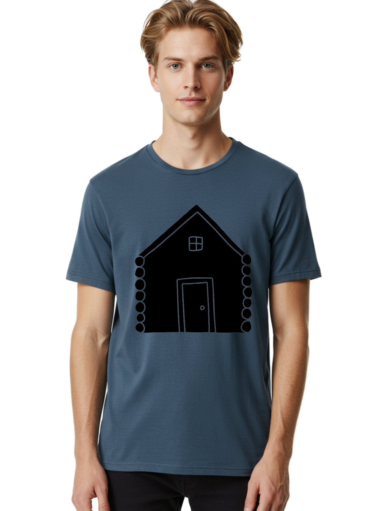 Log-Cabin Men'S Graphic Tee, 100% Cotton, Comfortable Casual Summer Wear, Machine Washable, Simple House Design, Minimalist Architecture, House Outline, Cozy Home, Door And Window, Simple Shapes, Modern Art -  Aaa602