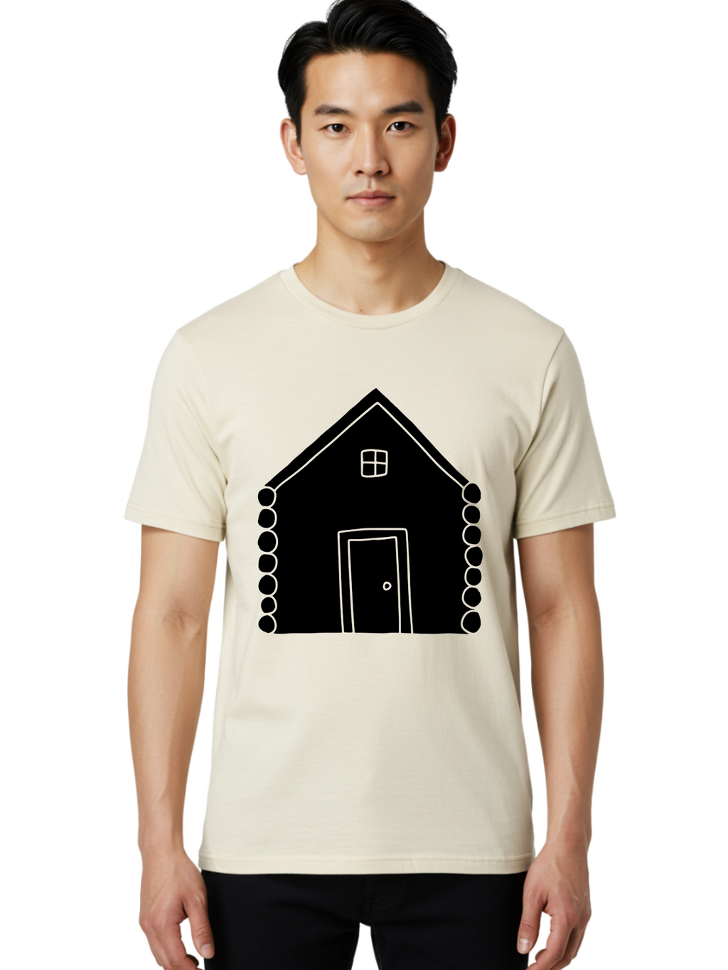 Log-Cabin Men'S Graphic Tee, 100% Cotton, Comfortable Casual Summer Wear, Machine Washable, Simple House Design, Minimalist Architecture, House Outline, Cozy Home, Door And Window, Simple Shapes, Modern Art -  Aaa602