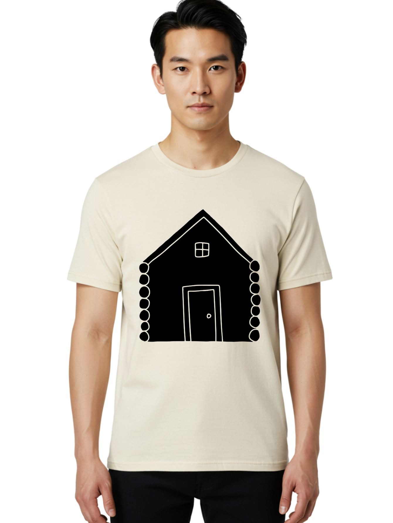 Log-Cabin Men'S Graphic Tee, 100% Cotton, Comfortable Casual Summer Wear, Machine Washable, Simple House Design, Minimalist Architecture, House Outline, Cozy Home, Door And Window, Simple Shapes, Modern Art -  Aaa602
