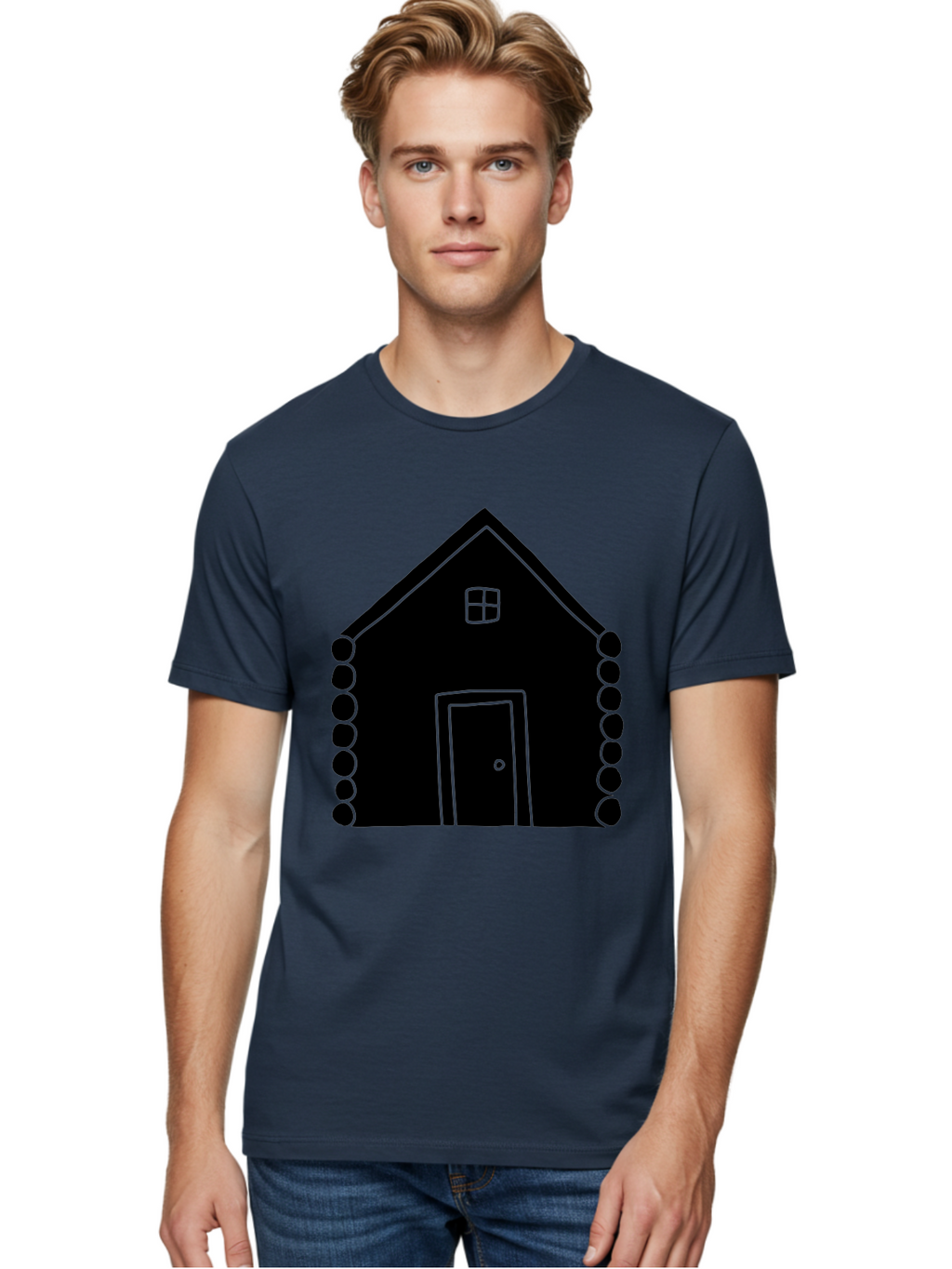 Log-Cabin Men'S Graphic Tee, 100% Cotton, Comfortable Casual Summer Wear, Machine Washable, Simple House Design, Minimalist Architecture, House Outline, Cozy Home, Door And Window, Simple Shapes, Modern Art -  Aaa602