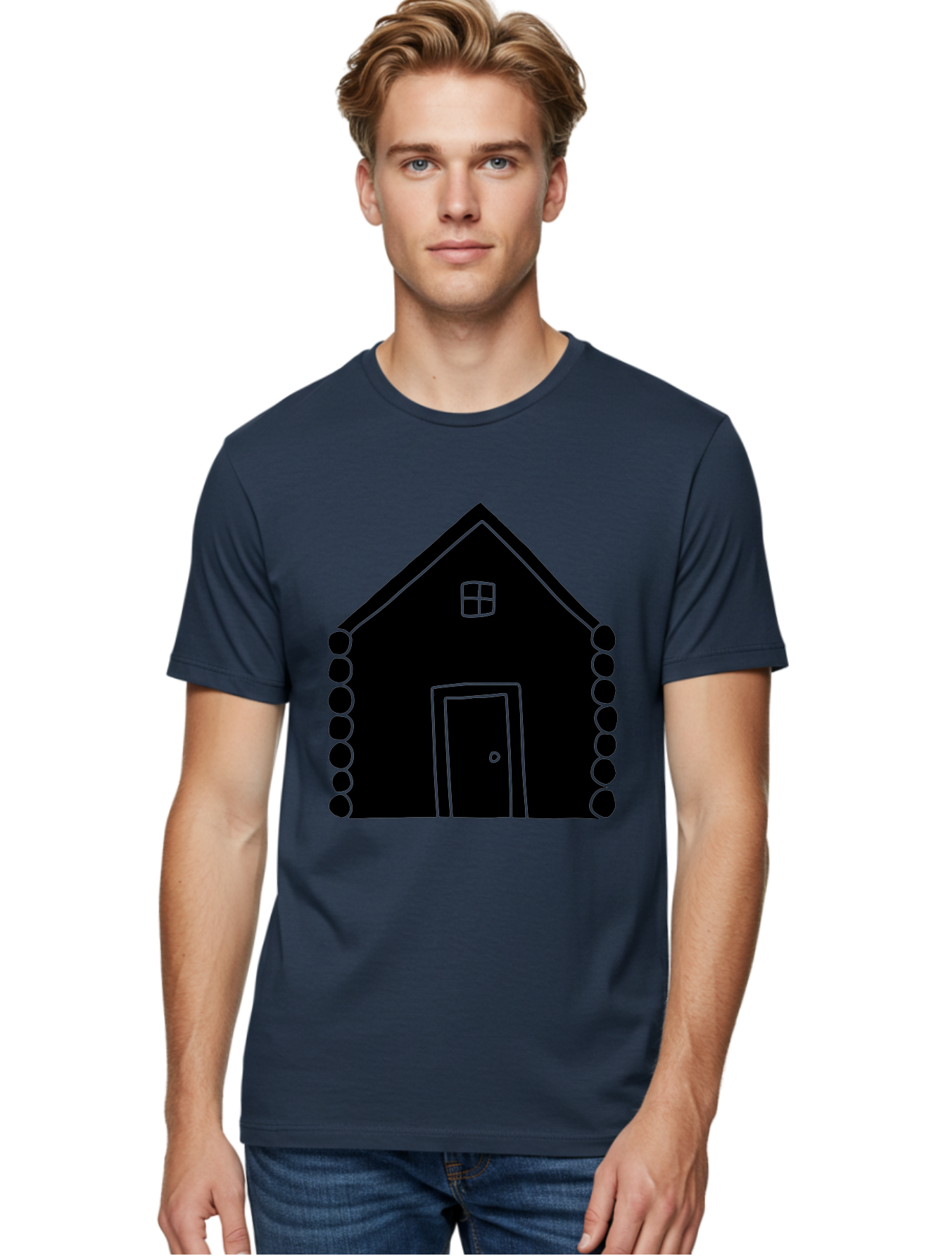 Log-Cabin Men'S Graphic Tee, 100% Cotton, Comfortable Casual Summer Wear, Machine Washable, Simple House Design, Minimalist Architecture, House Outline, Cozy Home, Door And Window, Simple Shapes, Modern Art -  Aaa602