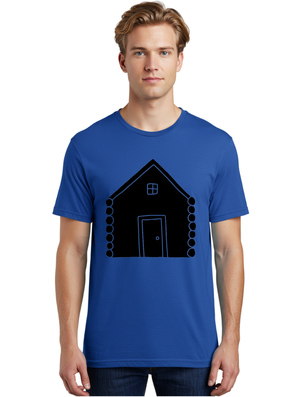 Log-Cabin Men'S Graphic Tee, 100% Cotton, Comfortable Casual Summer Wear, Machine Washable, Simple House Design, Minimalist Architecture, House Outline, Cozy Home, Door And Window, Simple Shapes, Modern Art -  Aaa602