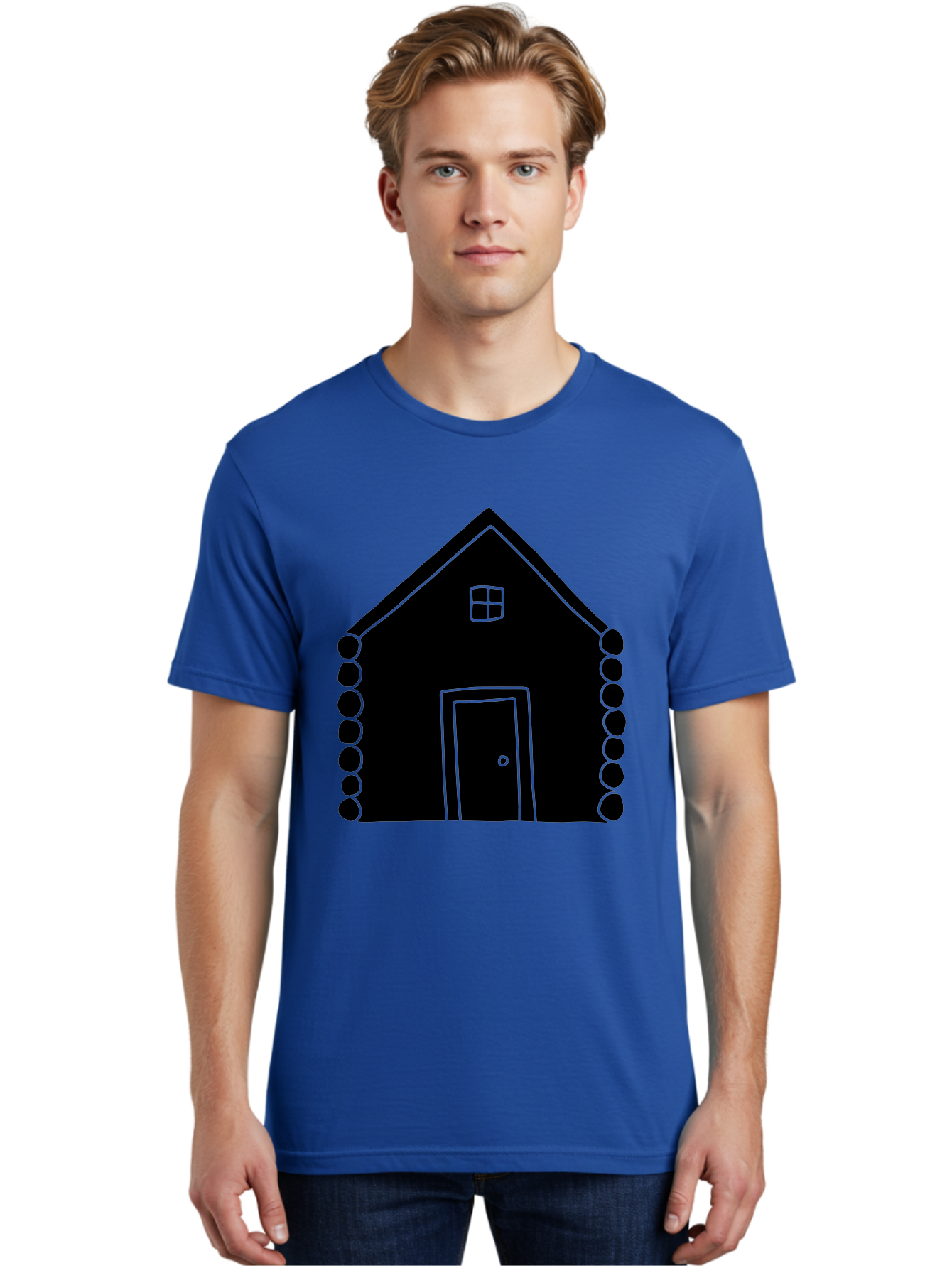 Log-Cabin Men'S Graphic Tee, 100% Cotton, Comfortable Casual Summer Wear, Machine Washable, Simple House Design, Minimalist Architecture, House Outline, Cozy Home, Door And Window, Simple Shapes, Modern Art -  Aaa602