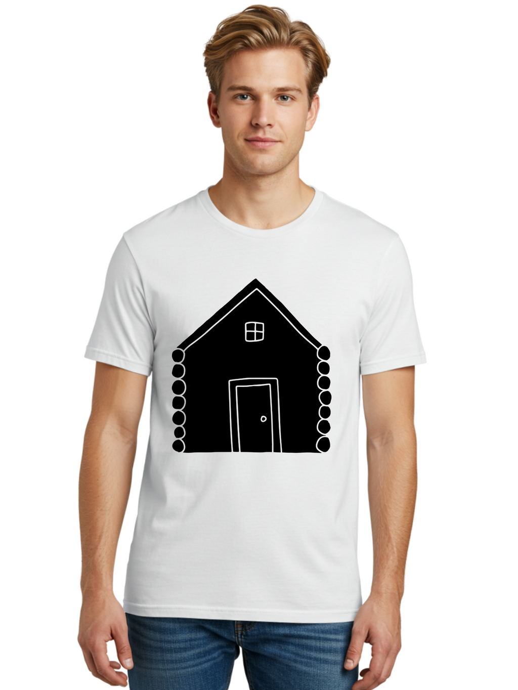 Log-Cabin Men'S Graphic Tee, 100% Cotton, Comfortable Casual Summer Wear, Machine Washable, Simple House Design, Minimalist Architecture, House Outline, Cozy Home, Door And Window, Simple Shapes, Modern Art -  Aaa602