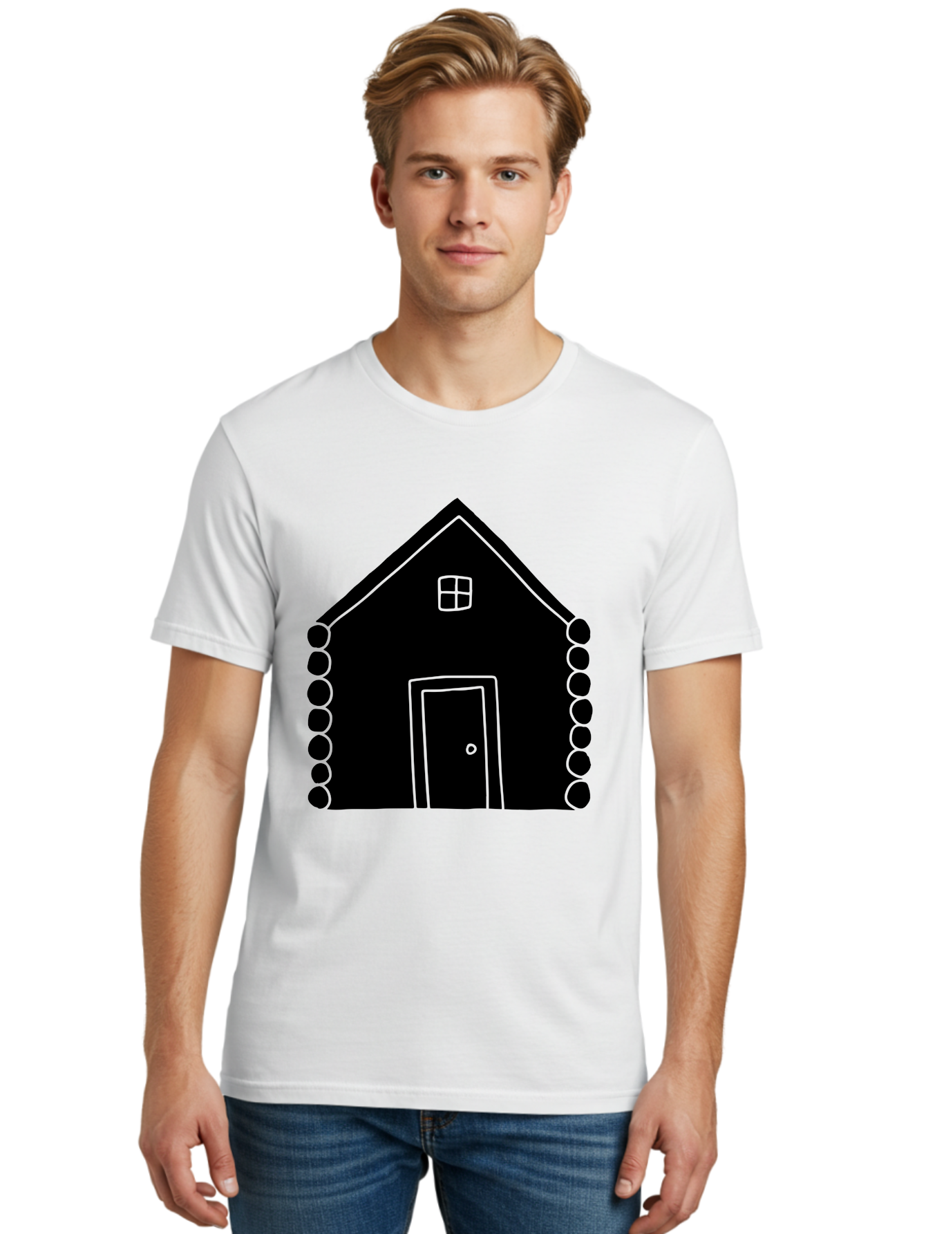 Log-Cabin Men'S Graphic Tee, 100% Cotton, Comfortable Casual Summer Wear, Machine Washable, Simple House Design, Minimalist Architecture, House Outline, Cozy Home, Door And Window, Simple Shapes, Modern Art -  Aaa602