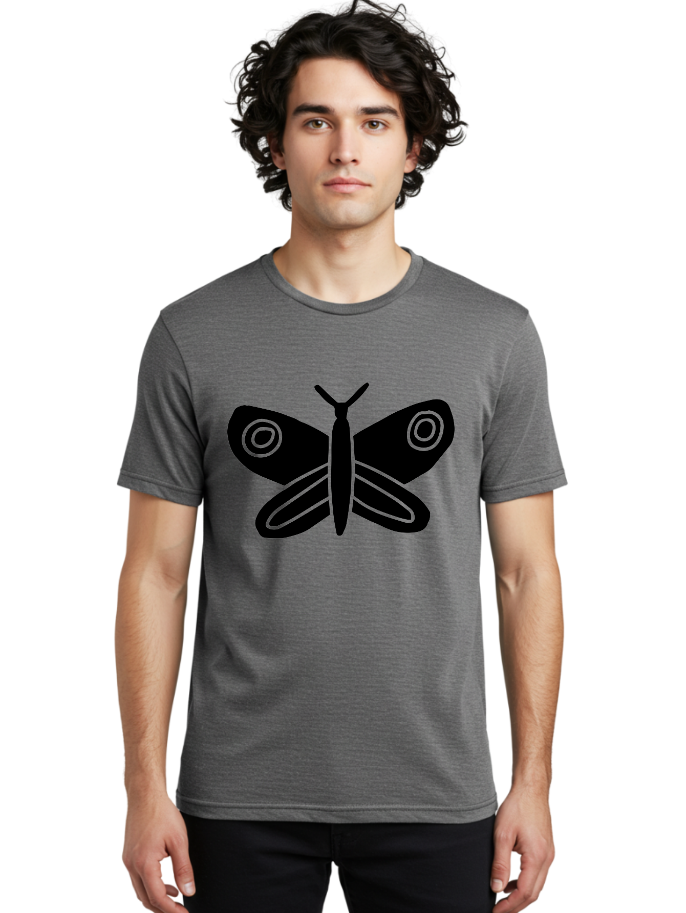 Luna-Moth Men'S Graphic Tee, 100% Cotton, Comfortable Casual Summer Wear, Machine Washable, Simple Moth Design, Minimalist Art, Black Silhouette, Green Outline, Stylized Insect, Modern Graphic, Wing Pattern, Nature Inspiration -  Aaa604