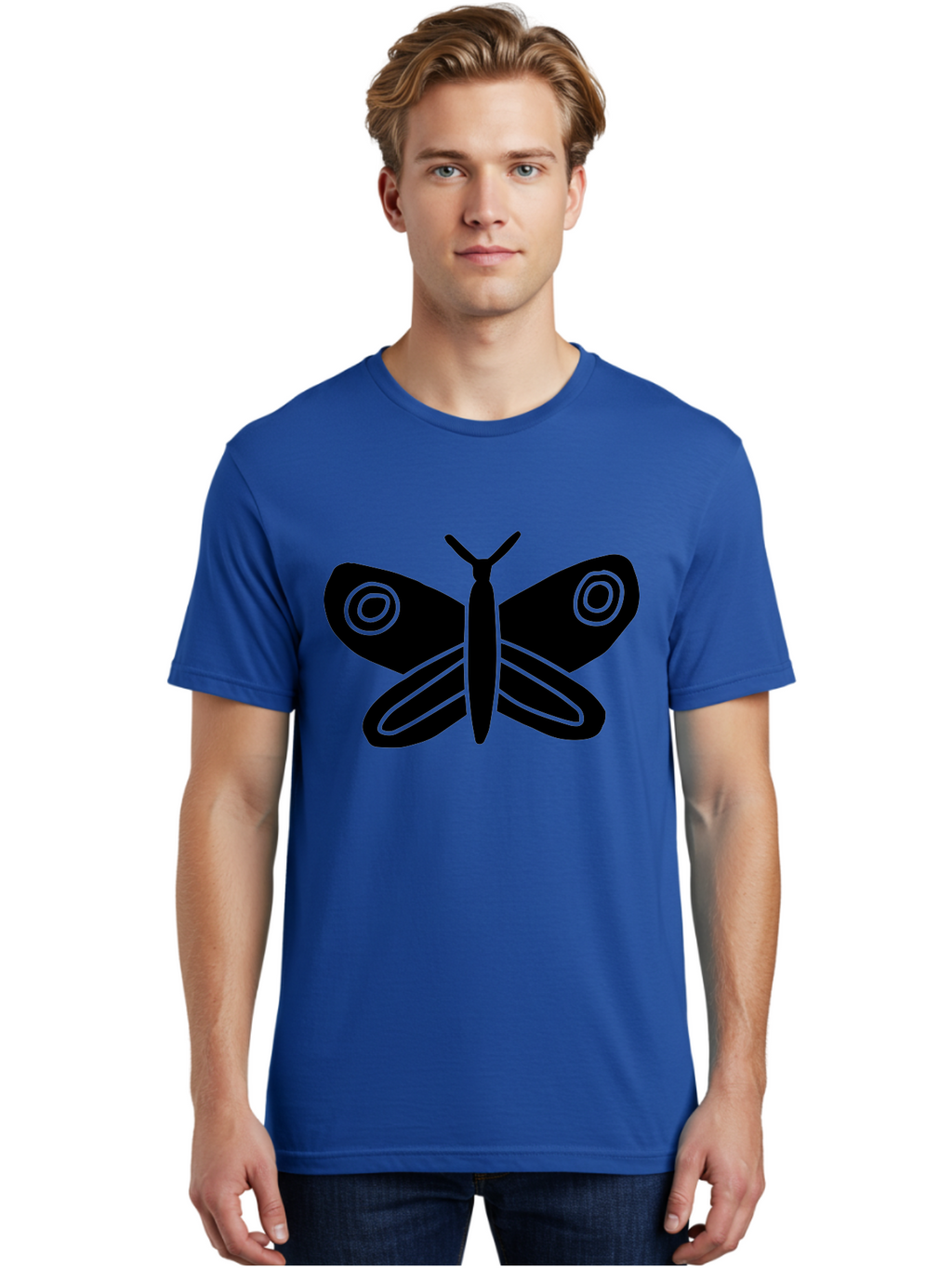 Luna-Moth Men'S Graphic Tee, 100% Cotton, Comfortable Casual Summer Wear, Machine Washable, Simple Moth Design, Minimalist Art, Black Silhouette, Green Outline, Stylized Insect, Modern Graphic, Wing Pattern, Nature Inspiration -  Aaa604