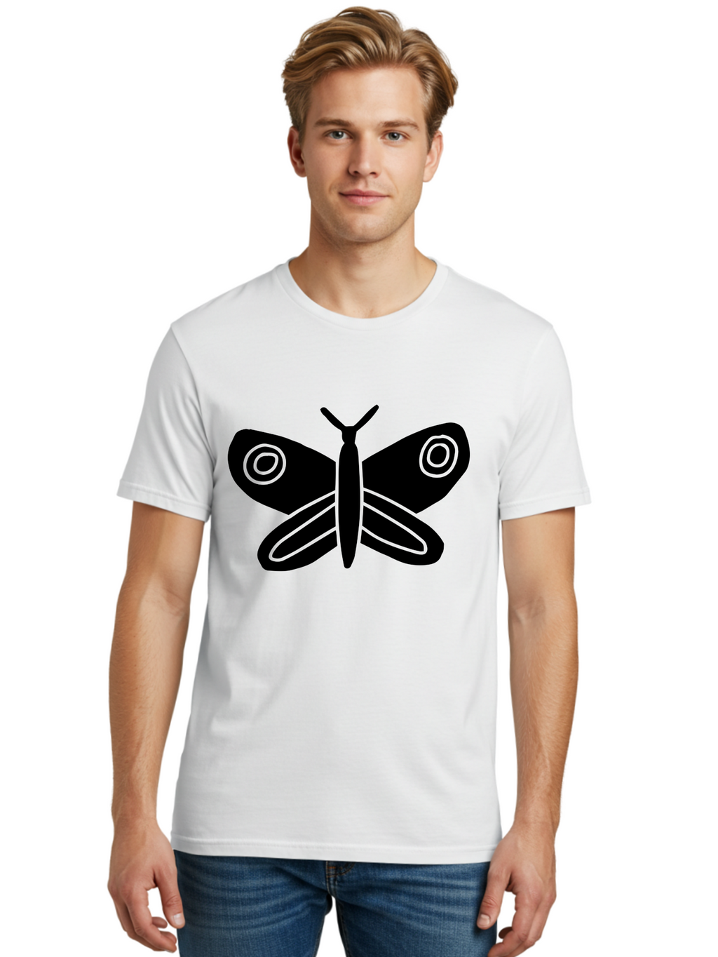 Luna-Moth Men'S Graphic Tee, 100% Cotton, Comfortable Casual Summer Wear, Machine Washable, Simple Moth Design, Minimalist Art, Black Silhouette, Green Outline, Stylized Insect, Modern Graphic, Wing Pattern, Nature Inspiration -  Aaa604