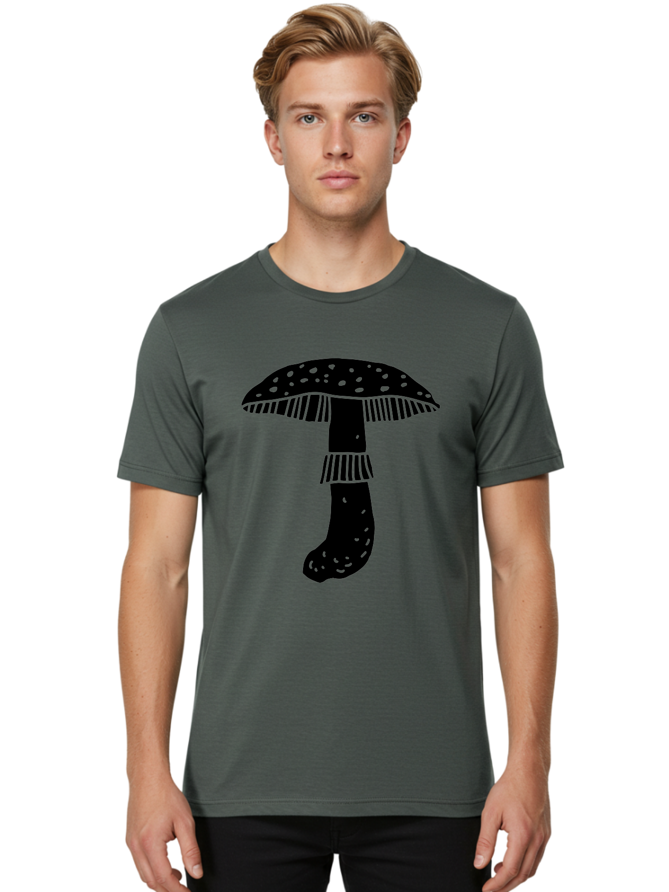 Mushroom-1 Men'S Graphic Tee, 100% Cotton, Comfortable Casual Summer Wear, Machine Washable, Mushroom Illustration, Black Silhouette, Spotted Cap, Striped Stem, Fungal Art, Whimsical Design, Fantasy Elements, Graphic Design -  Aaa605