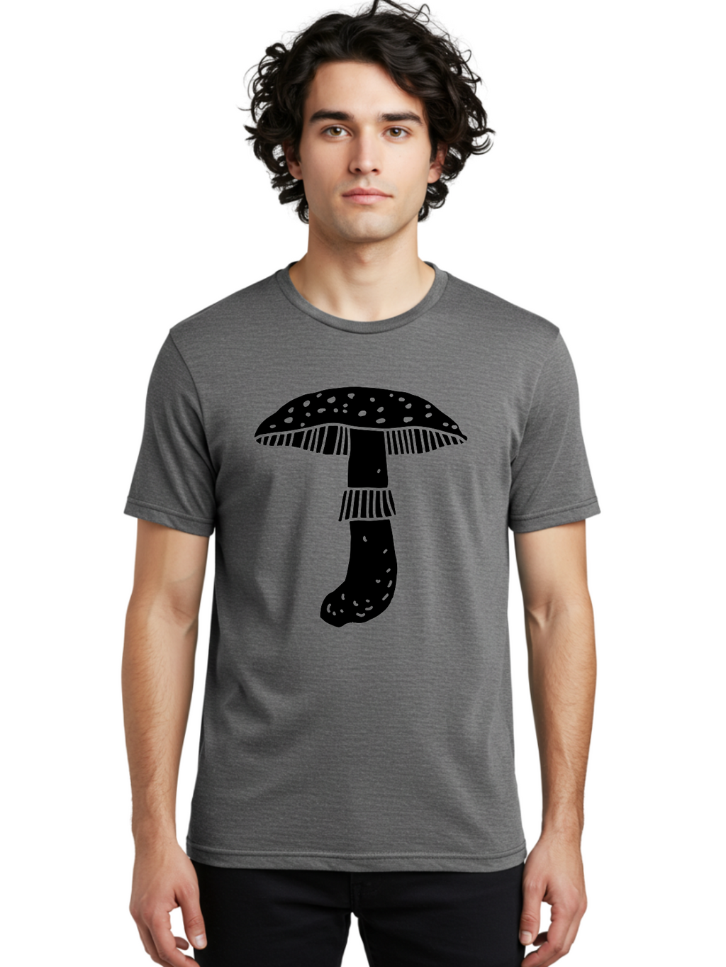 Mushroom-1 Men'S Graphic Tee, 100% Cotton, Comfortable Casual Summer Wear, Machine Washable, Mushroom Illustration, Black Silhouette, Spotted Cap, Striped Stem, Fungal Art, Whimsical Design, Fantasy Elements, Graphic Design -  Aaa605