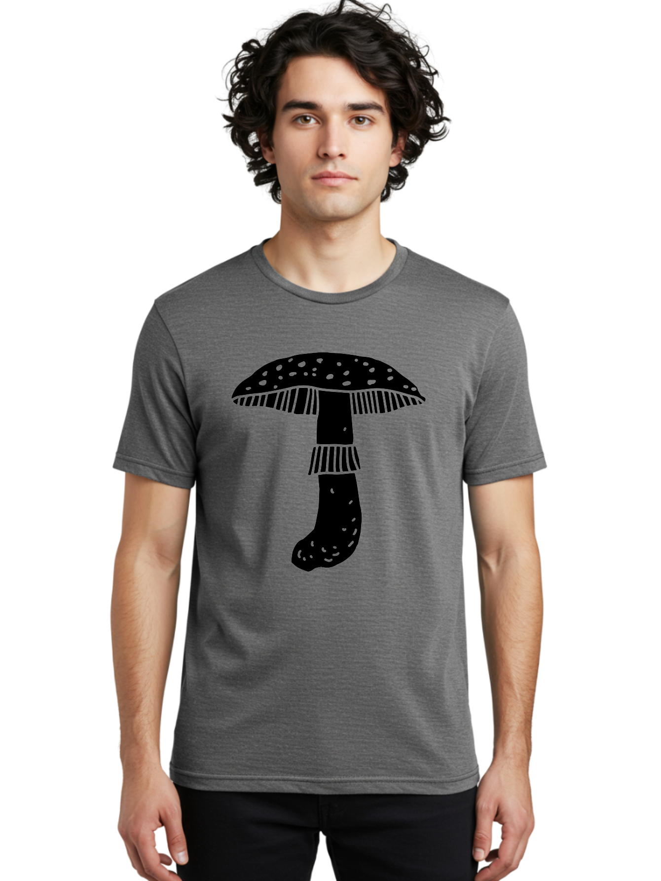 Mushroom-1 Men'S Graphic Tee, 100% Cotton, Comfortable Casual Summer Wear, Machine Washable, Mushroom Illustration, Black Silhouette, Spotted Cap, Striped Stem, Fungal Art, Whimsical Design, Fantasy Elements, Graphic Design -  Aaa605