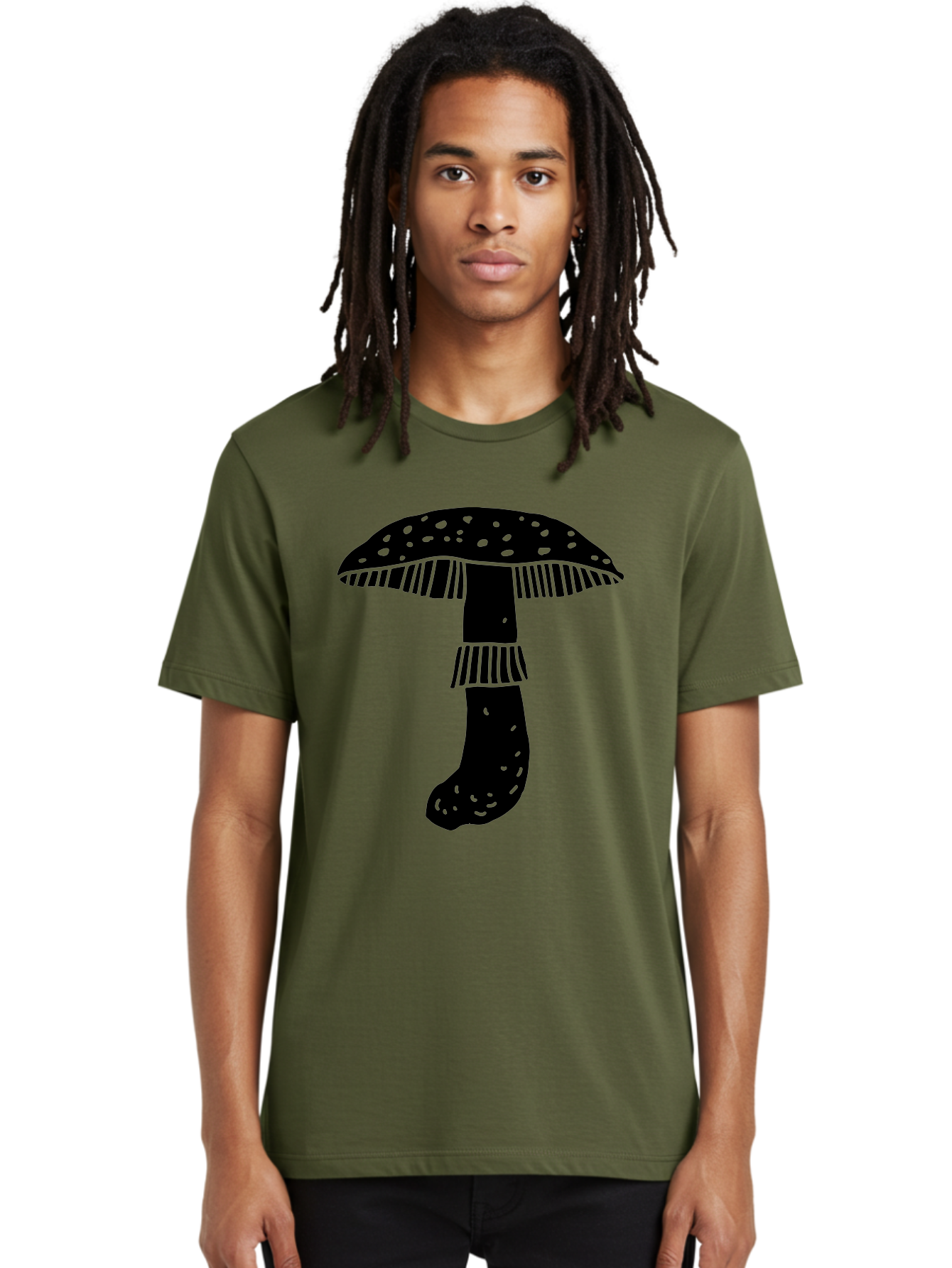 Mushroom-1 Men'S Graphic Tee, 100% Cotton, Comfortable Casual Summer Wear, Machine Washable, Mushroom Illustration, Black Silhouette, Spotted Cap, Striped Stem, Fungal Art, Whimsical Design, Fantasy Elements, Graphic Design -  Aaa605