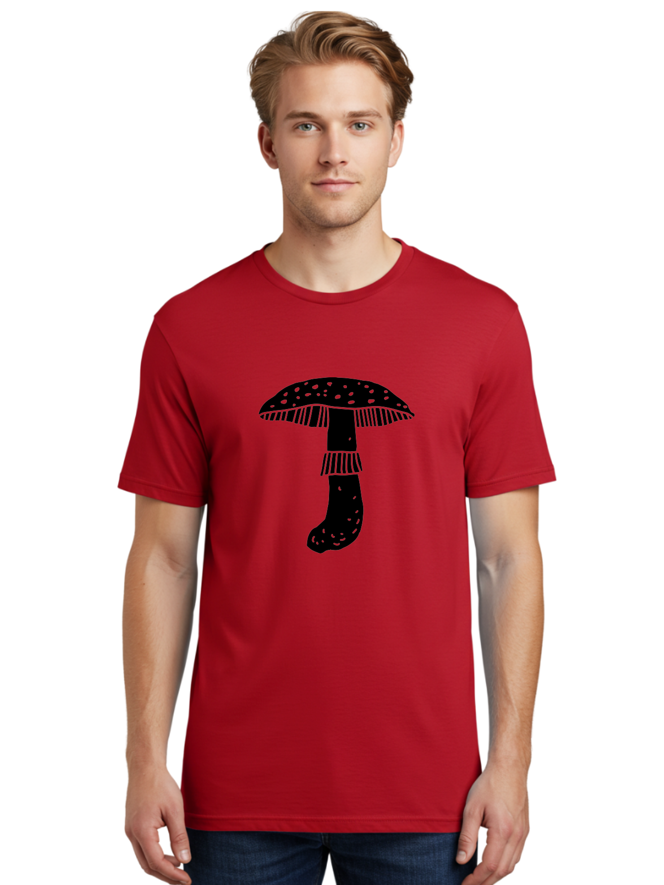 Mushroom-1 Men'S Graphic Tee, 100% Cotton, Comfortable Casual Summer Wear, Machine Washable, Mushroom Illustration, Black Silhouette, Spotted Cap, Striped Stem, Fungal Art, Whimsical Design, Fantasy Elements, Graphic Design -  Aaa605