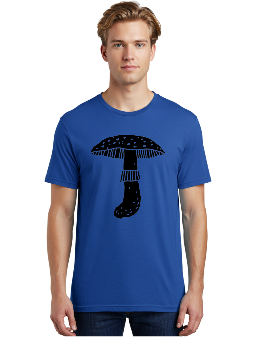 Mushroom-1 Men'S Graphic Tee, 100% Cotton, Comfortable Casual Summer Wear, Machine Washable, Mushroom Illustration, Black Silhouette, Spotted Cap, Striped Stem, Fungal Art, Whimsical Design, Fantasy Elements, Graphic Design -  Aaa605