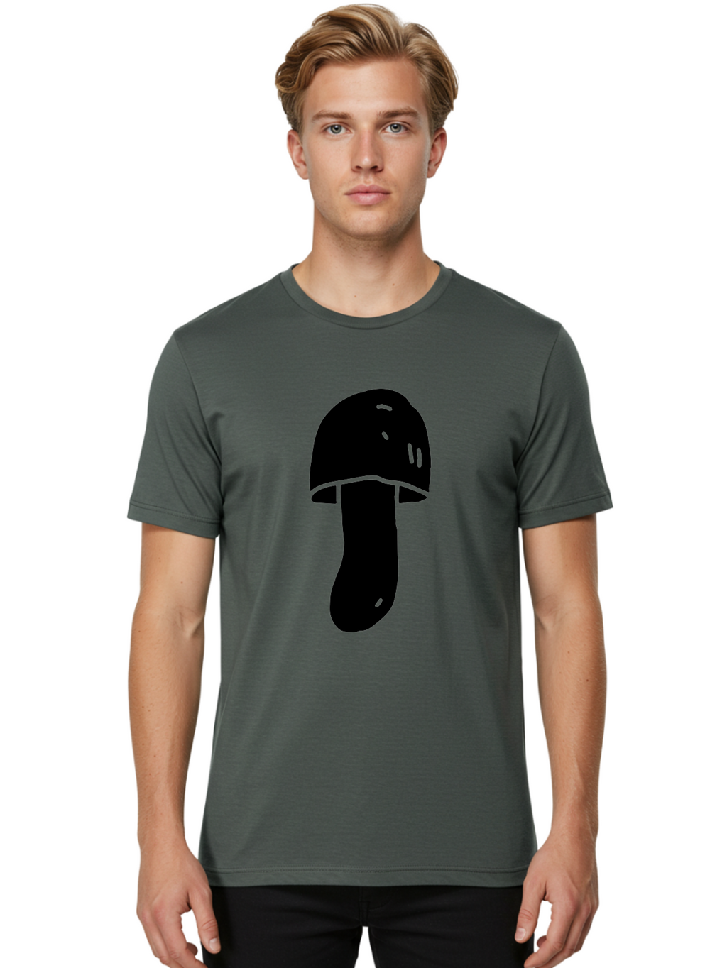 Mushroom-Graphic Men'S Graphic Tee, 100% Cotton, Comfortable Casual Summer Wear, Machine Washable, Mushroom Silhouette, Simple Design, Minimalist Art, Fungal Icon, Black And Green, Nature Symbol -  Aaa606