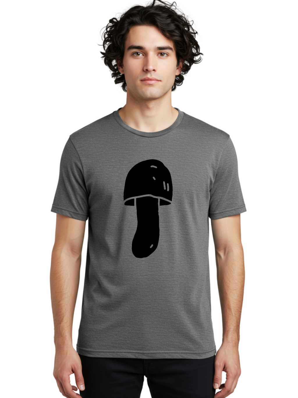 Mushroom-Graphic Men'S Graphic Tee, 100% Cotton, Comfortable Casual Summer Wear, Machine Washable, Mushroom Silhouette, Simple Design, Minimalist Art, Fungal Icon, Black And Green, Nature Symbol -  Aaa606