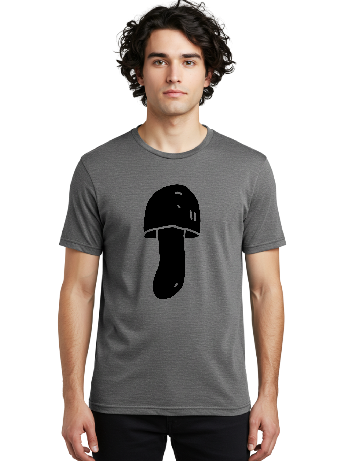 Mushroom-Graphic Men'S Graphic Tee, 100% Cotton, Comfortable Casual Summer Wear, Machine Washable, Mushroom Silhouette, Simple Design, Minimalist Art, Fungal Icon, Black And Green, Nature Symbol -  Aaa606