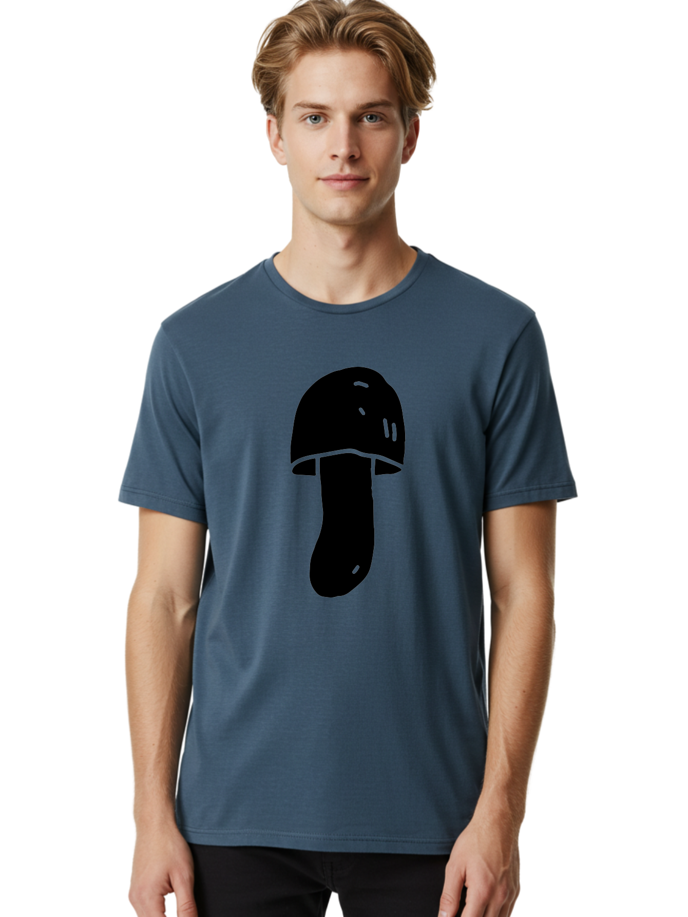 Mushroom-Graphic Men'S Graphic Tee, 100% Cotton, Comfortable Casual Summer Wear, Machine Washable, Mushroom Silhouette, Simple Design, Minimalist Art, Fungal Icon, Black And Green, Nature Symbol -  Aaa606