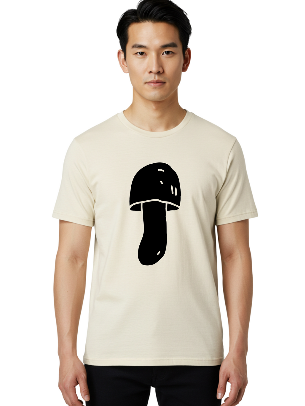 Mushroom-Graphic Men'S Graphic Tee, 100% Cotton, Comfortable Casual Summer Wear, Machine Washable, Mushroom Silhouette, Simple Design, Minimalist Art, Fungal Icon, Black And Green, Nature Symbol -  Aaa606