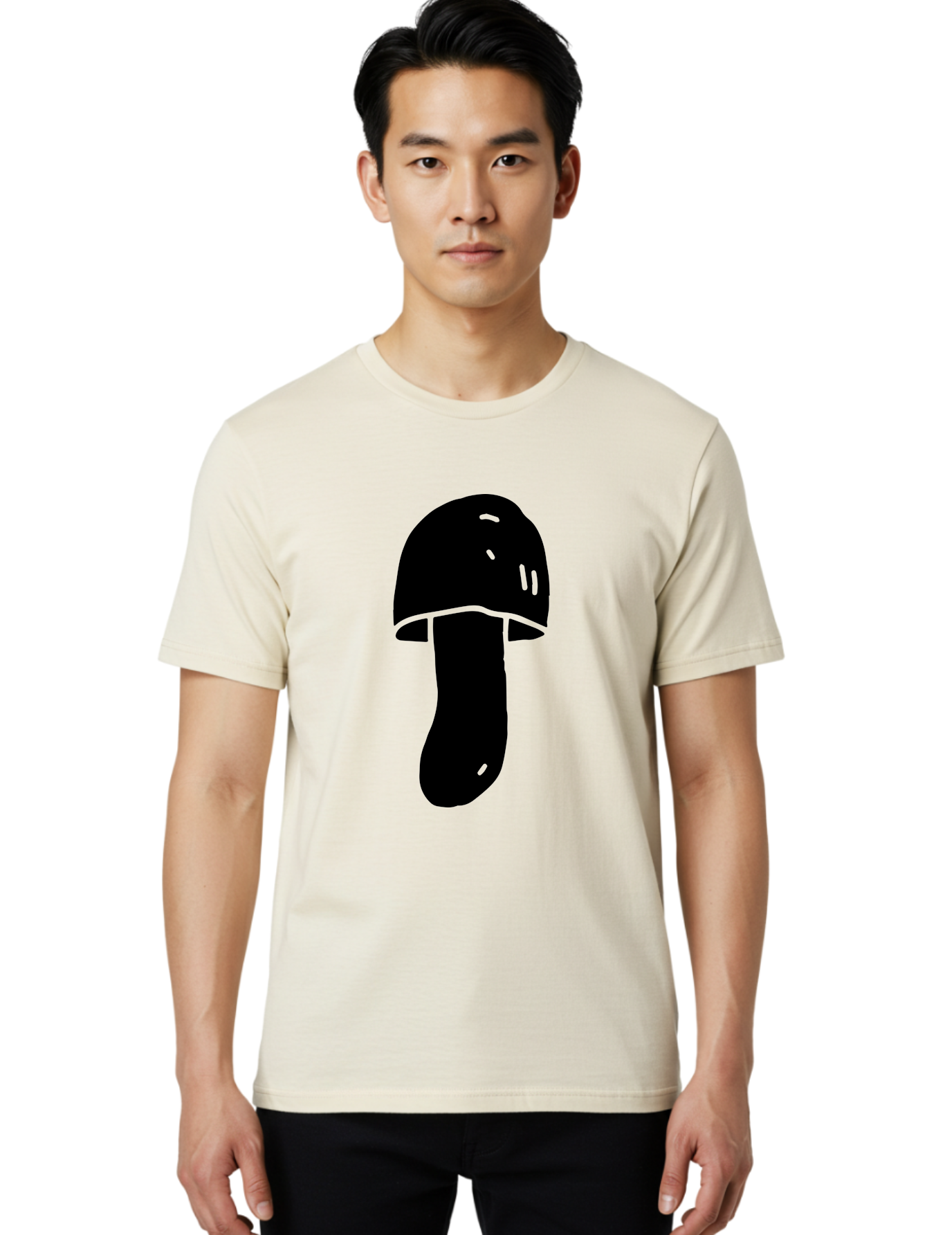 Mushroom-Graphic Men'S Graphic Tee, 100% Cotton, Comfortable Casual Summer Wear, Machine Washable, Mushroom Silhouette, Simple Design, Minimalist Art, Fungal Icon, Black And Green, Nature Symbol -  Aaa606