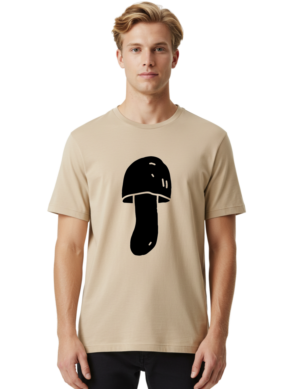 Mushroom-Graphic Men'S Graphic Tee, 100% Cotton, Comfortable Casual Summer Wear, Machine Washable, Mushroom Silhouette, Simple Design, Minimalist Art, Fungal Icon, Black And Green, Nature Symbol -  Aaa606