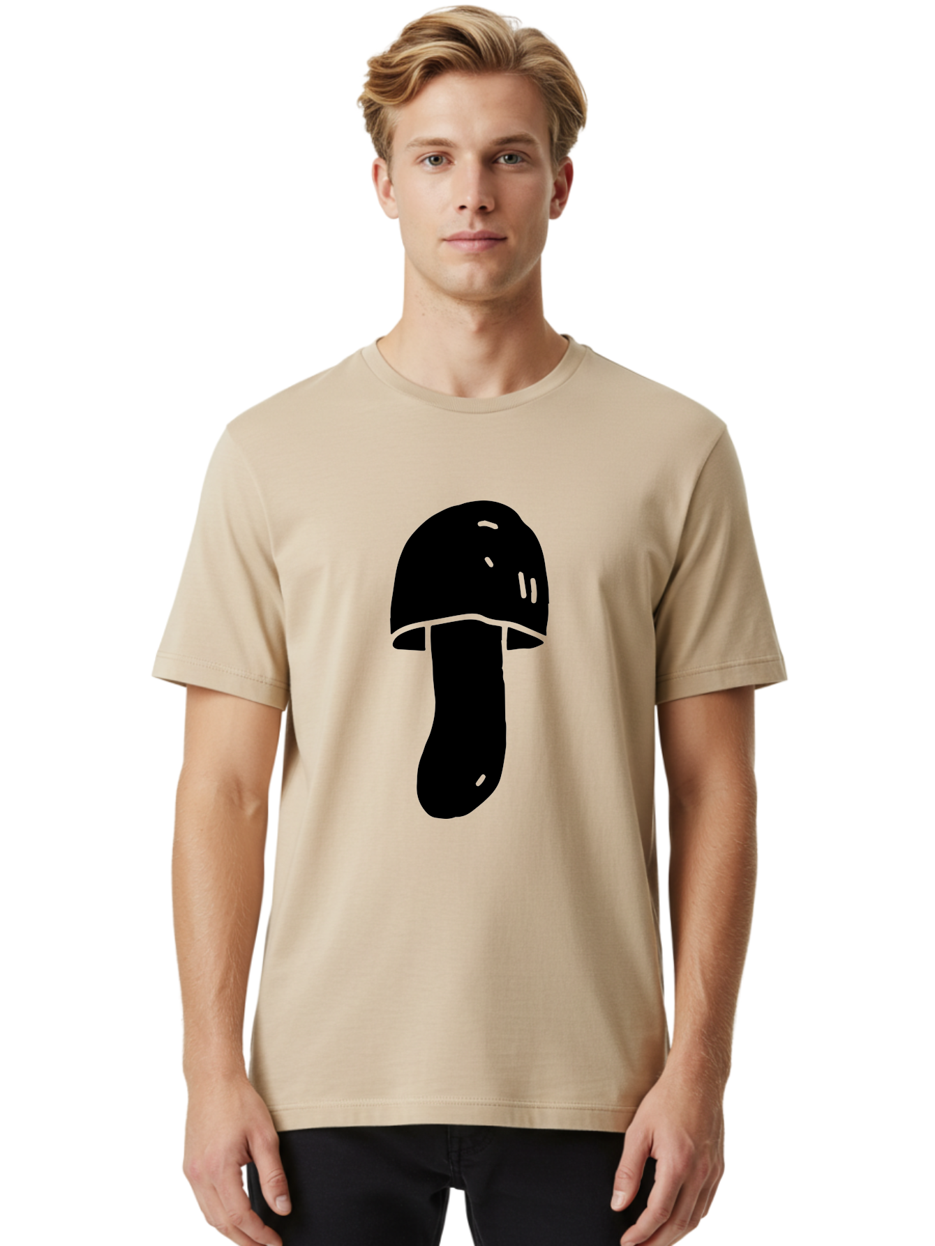 Mushroom-Graphic Men'S Graphic Tee, 100% Cotton, Comfortable Casual Summer Wear, Machine Washable, Mushroom Silhouette, Simple Design, Minimalist Art, Fungal Icon, Black And Green, Nature Symbol -  Aaa606